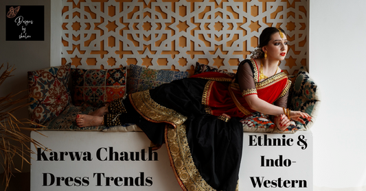 Woman wearing a red embroidered lehenga showcasing Karwa Chauth dress trends 2025