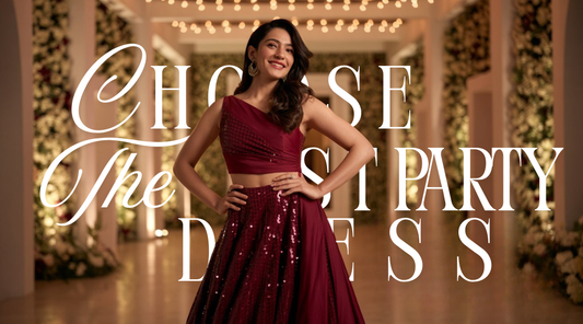 Indian woman in an elegant party-wear gown under ₹5,000, standing in a beautifully decorated wedding hall with golden lights and floral décor – November 2025 fashion trend