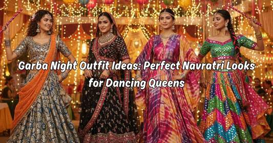 Women dressed in colorful lehenga cholis and sarees dancing during Garba night Navratri celebrations, showcasing traditional and modern outfit ideas.