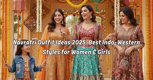 Women and girls wearing Indo-Western Navratri outfits 2025 – colorful lehengas, crop top skirts, and fusion festive wear for garba and dandiya nights
