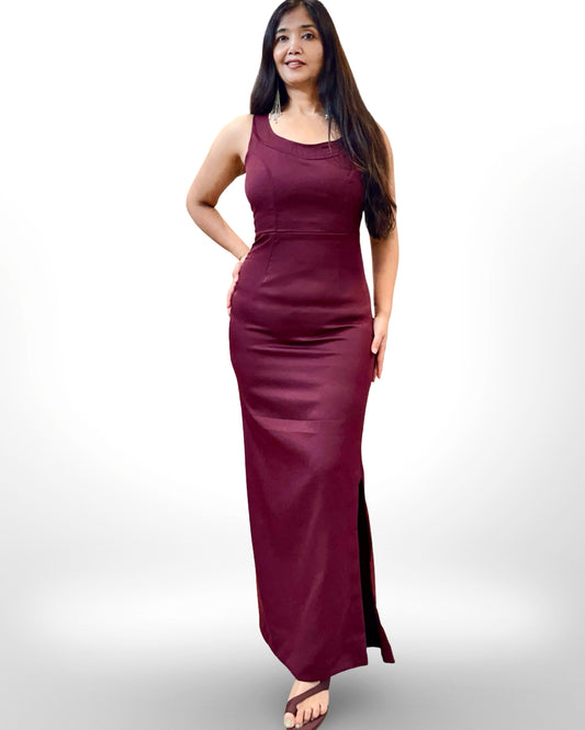 Wine colour stretchable evening gown with sheer net cape
