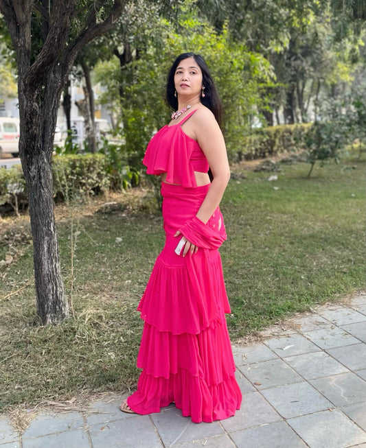 Georgette Layered Rose Pink Co-ord Set with Ruffle Top & Tiered Skirt