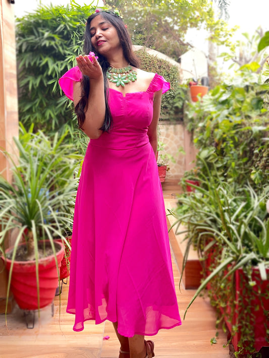 Georgette Fuchsia pink high n low long flared dress