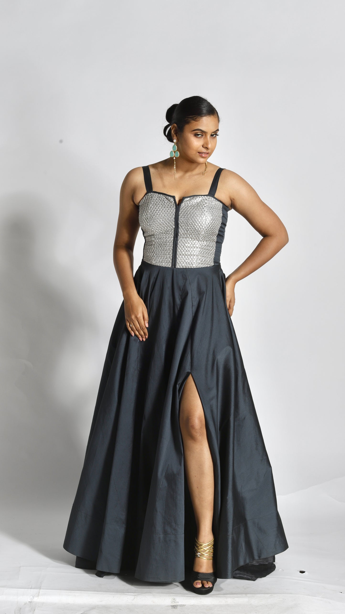 Silk Full Flared Empire cut Gown with sequins silver bodice