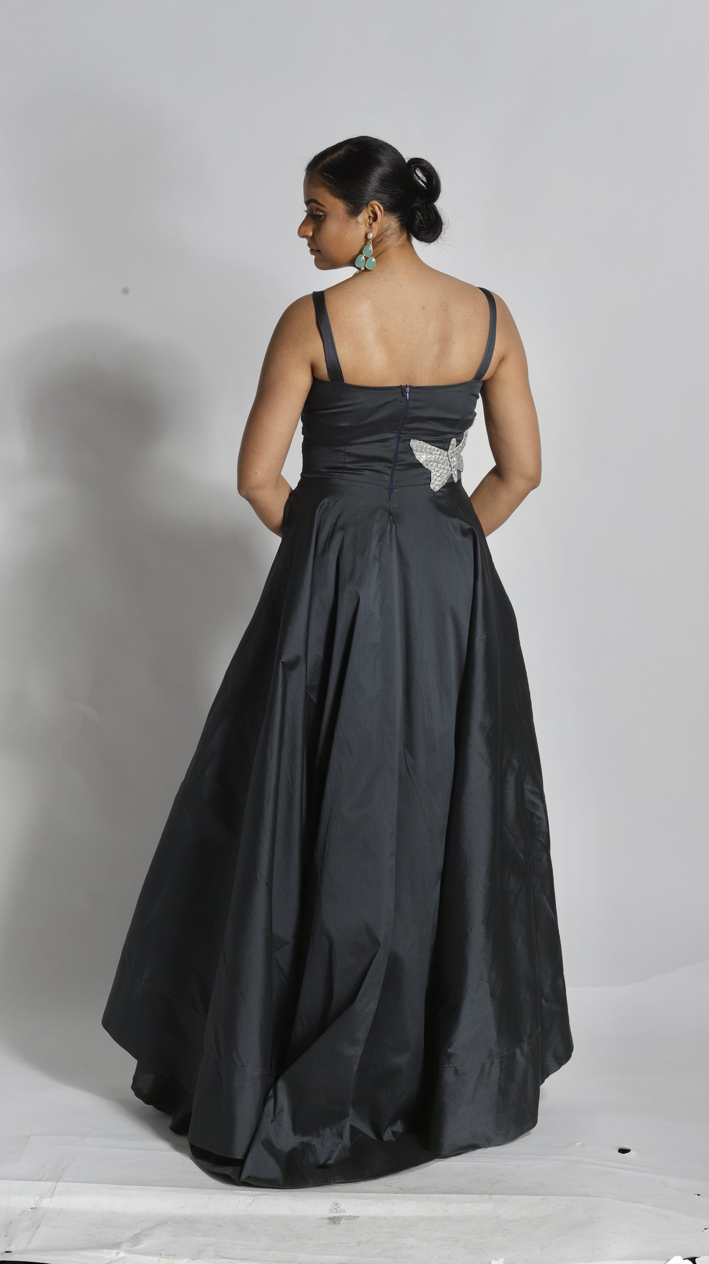 Silk Full Flared Empire cut Gown with sequins silver bodice
