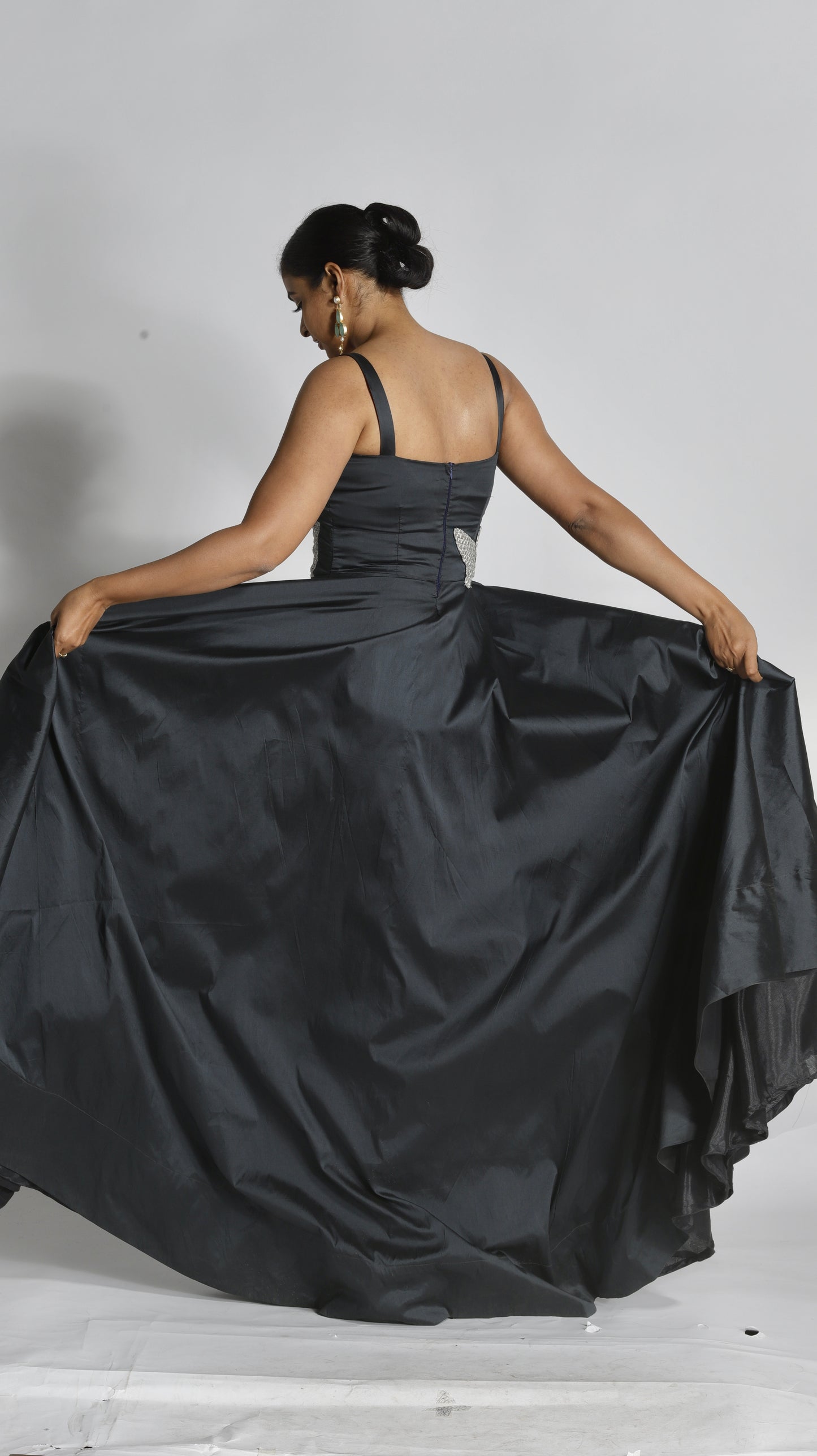 Silk Full Flared Empire cut Gown with sequins silver bodice