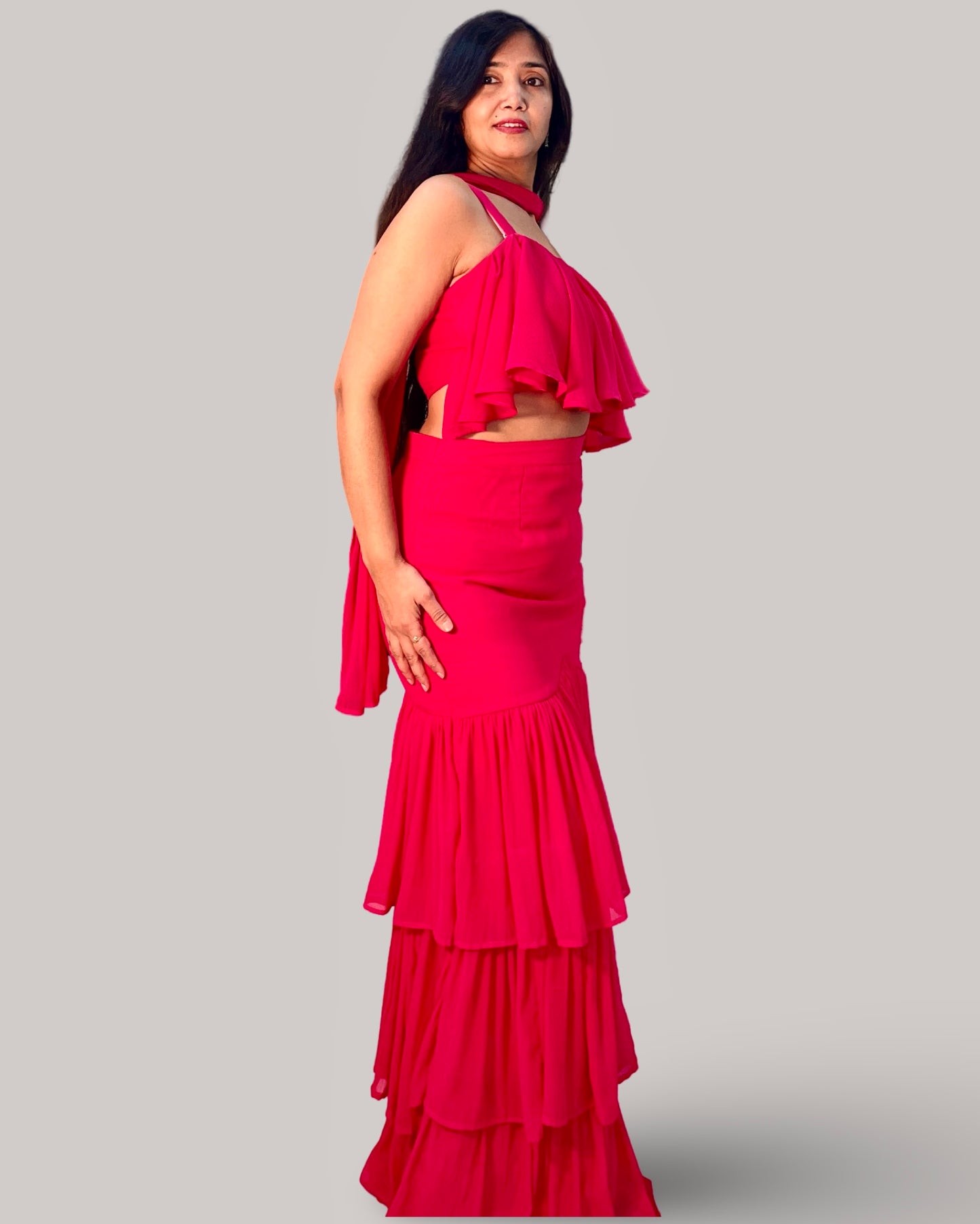 Magenta Cascade Tiered Georgette Ensemble