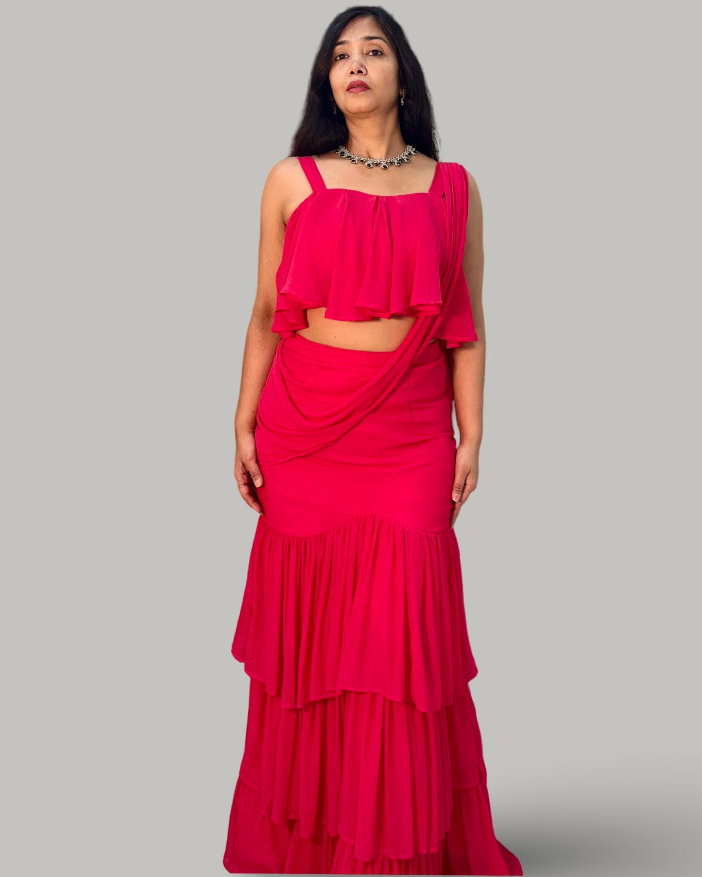 Magenta Cascade Tiered Georgette Ensemble