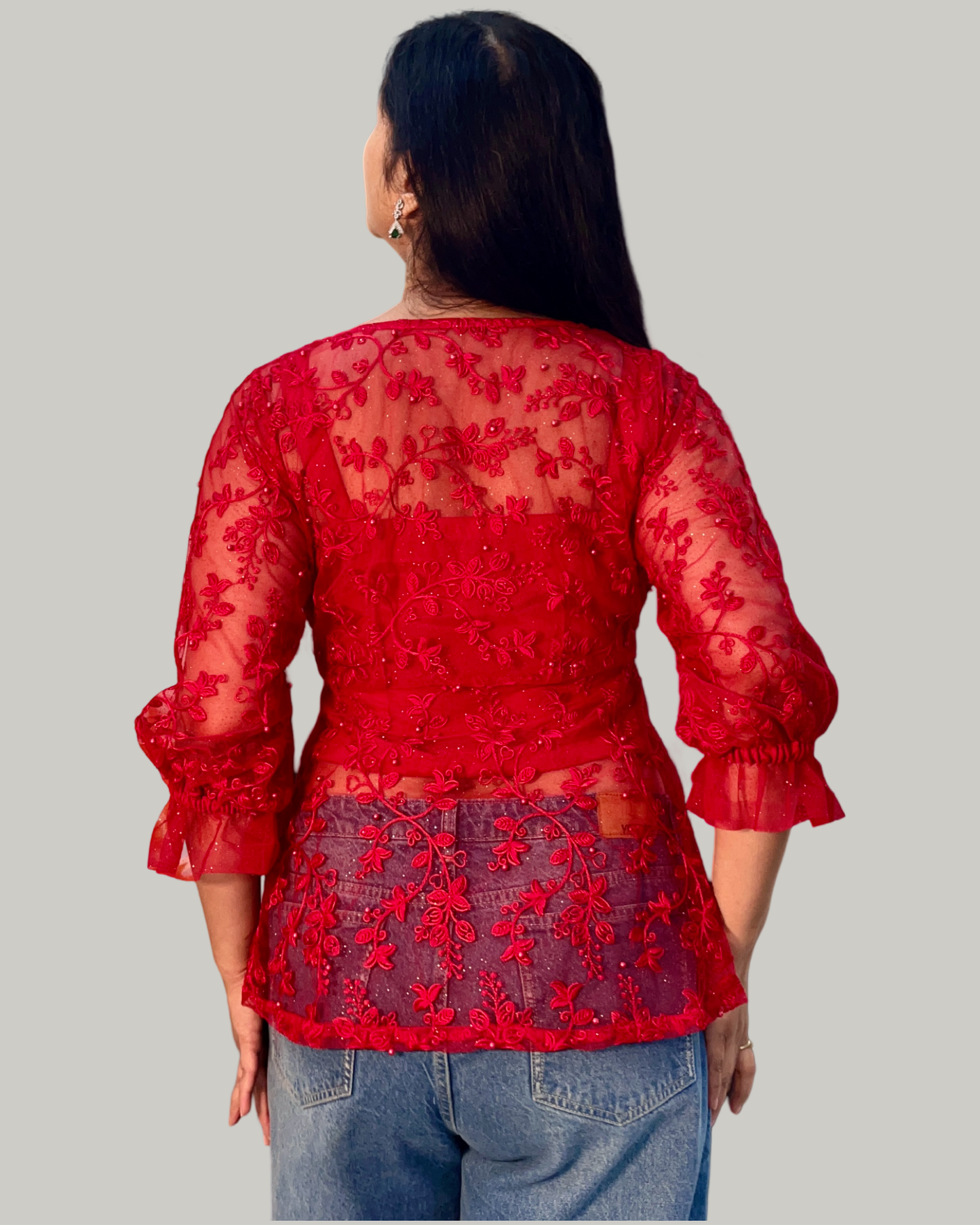 Red Embroidered sheer net tunic top with satin crepe inner top
