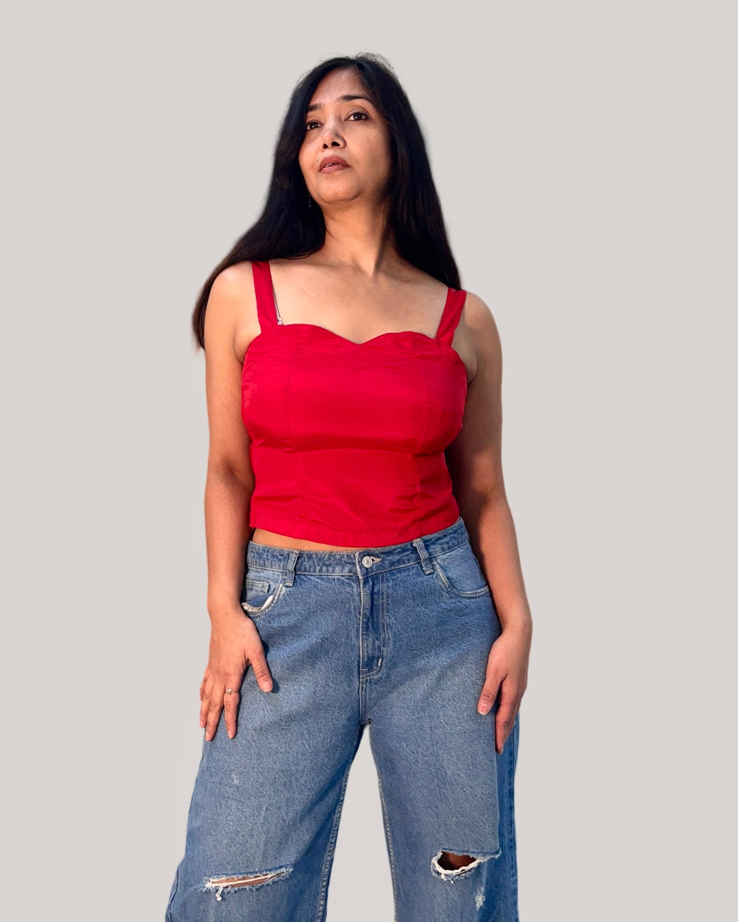 Red Embroidered sheer net tunic top with satin crepe inner top