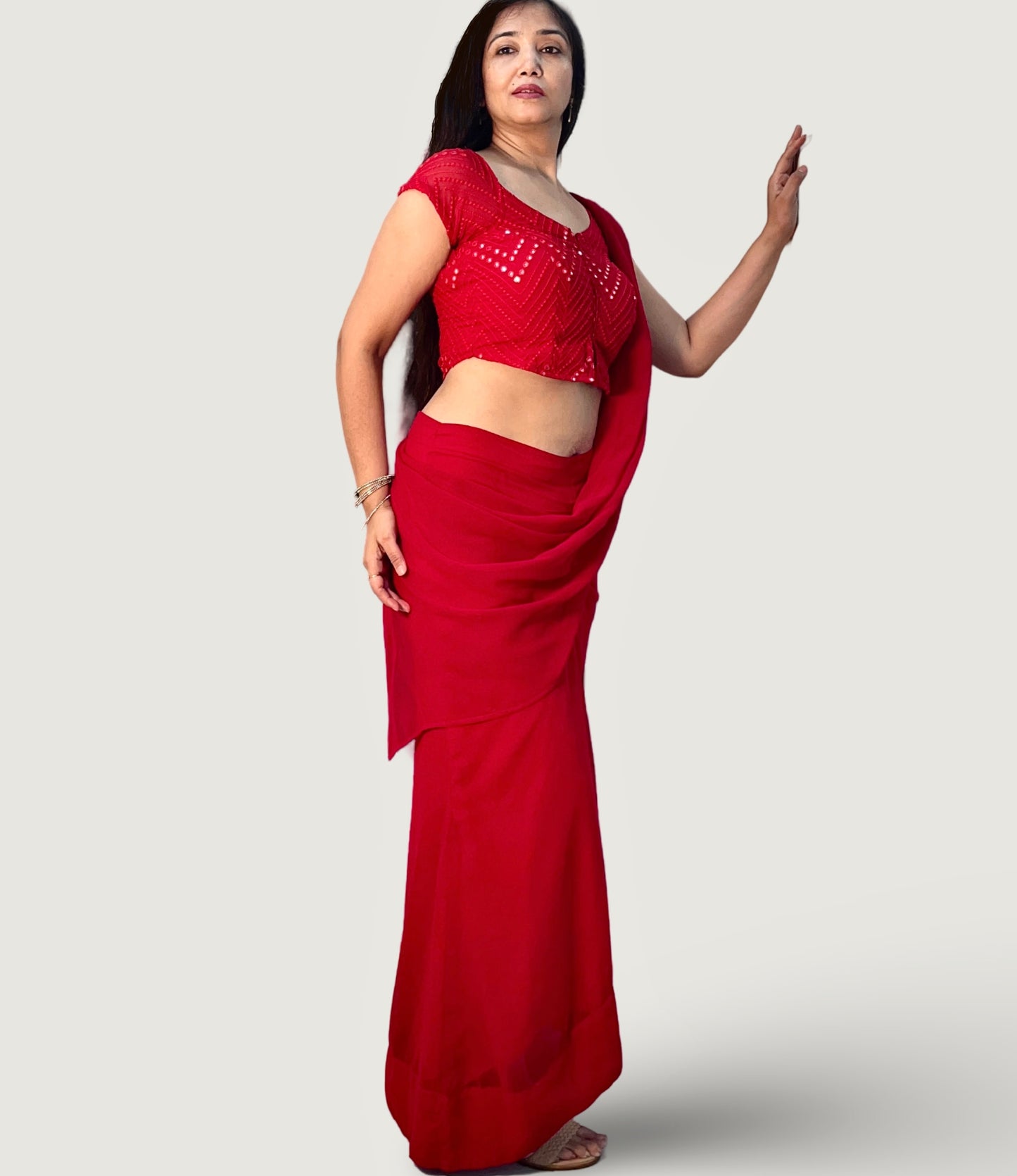 Red georgette saree inspired ensemble