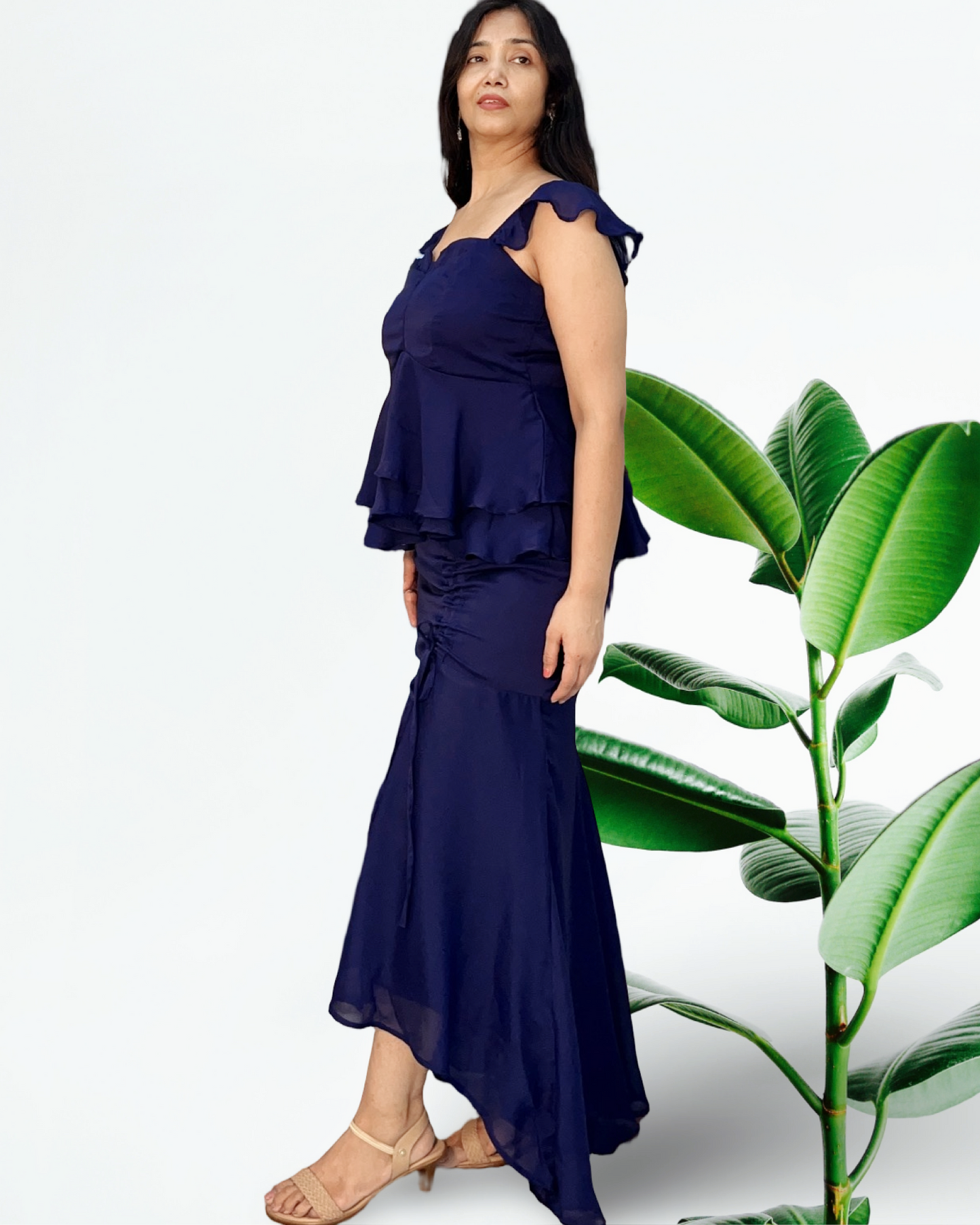 High and low ruched navy blue skirt with ruffled tunic top