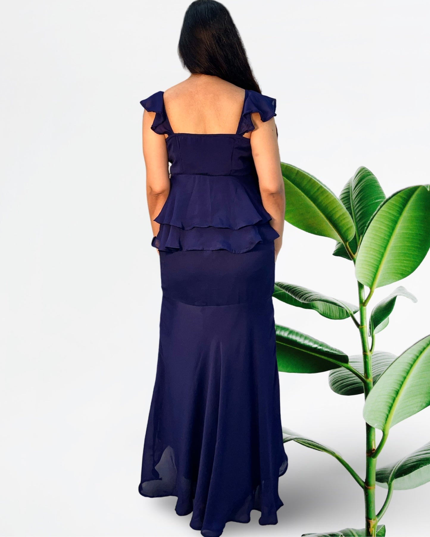High and low ruched navy blue skirt with ruffled tunic top