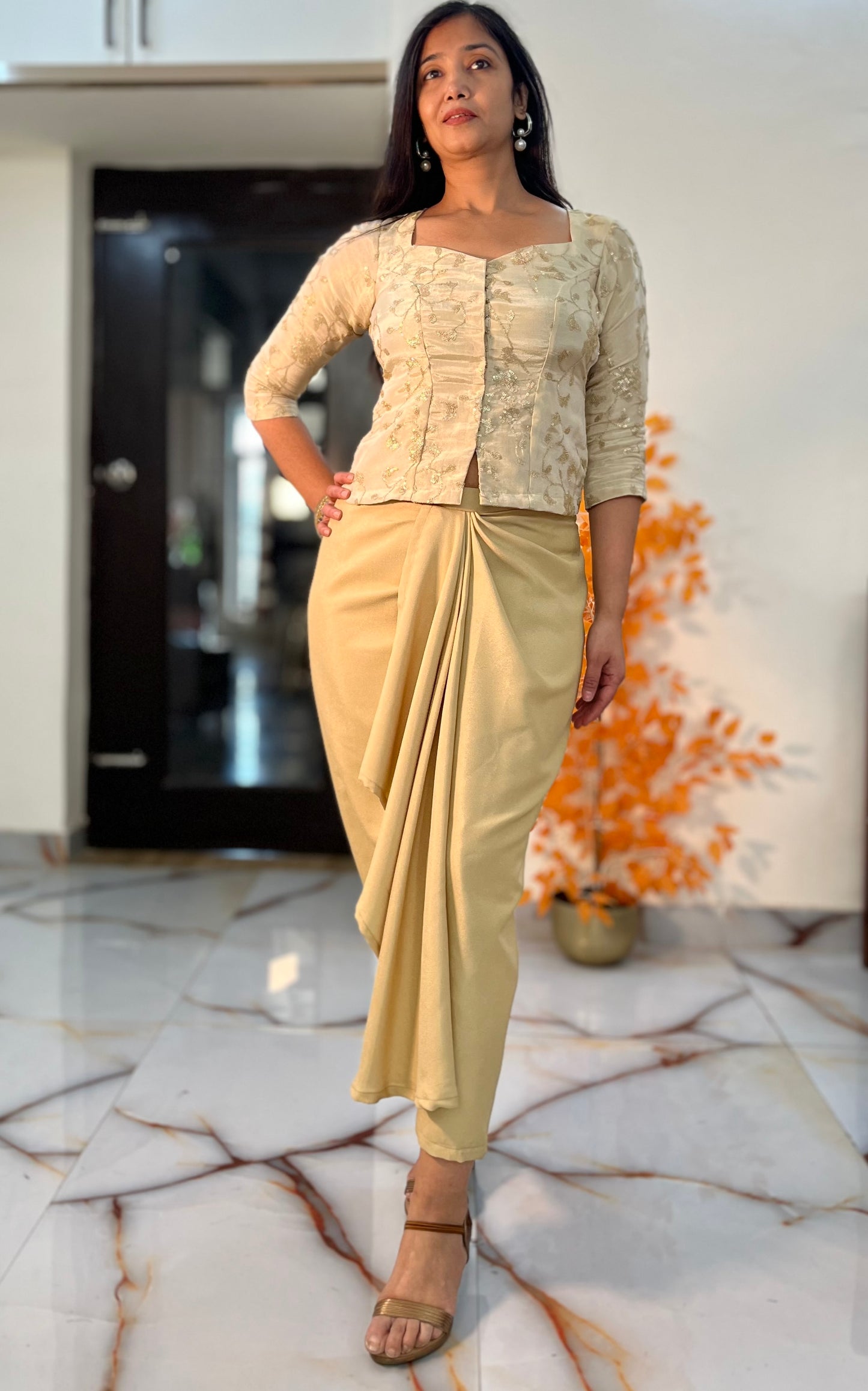 Drape skirt with elegant embroidered silk top