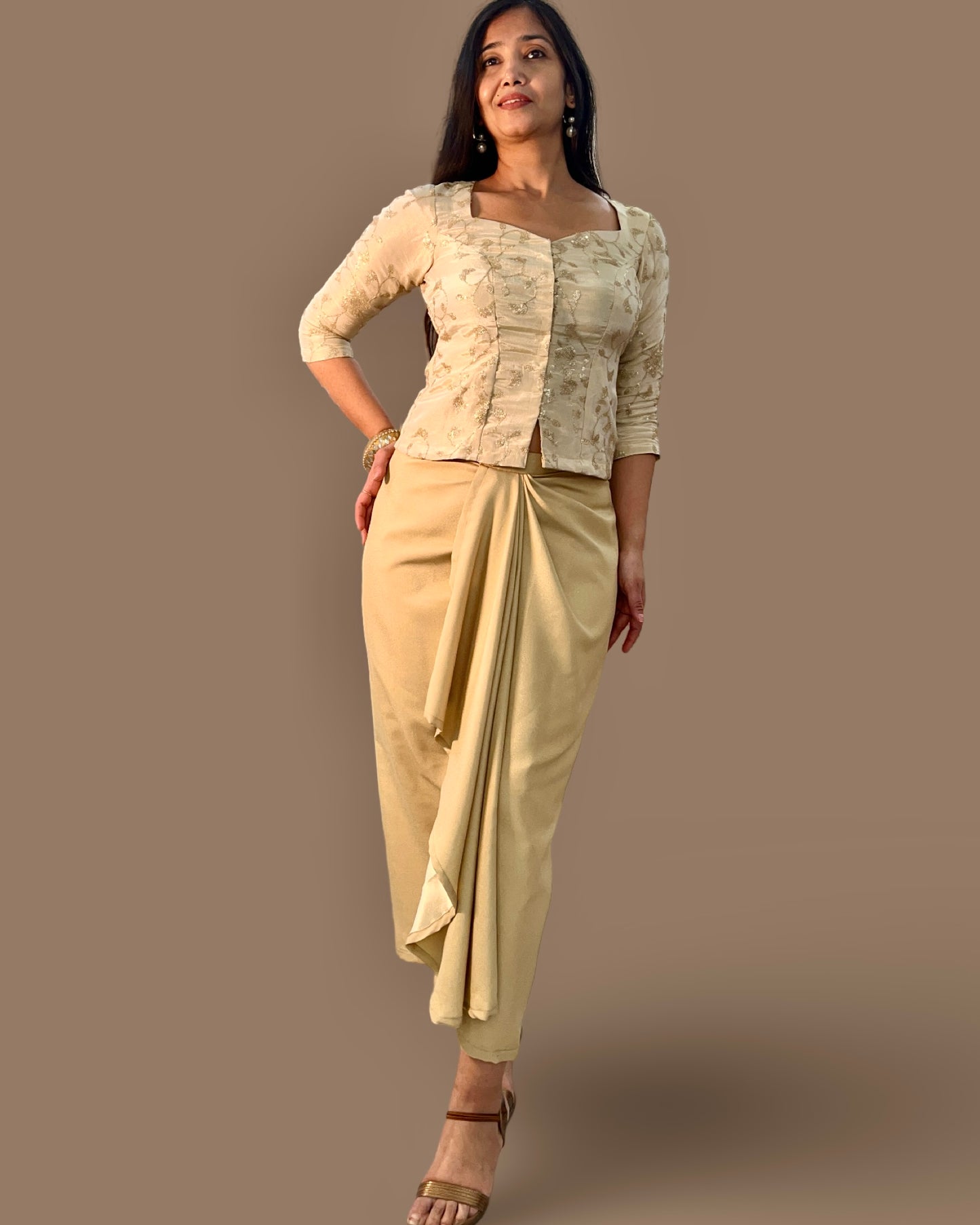 Drape skirt with elegant embroidered silk top