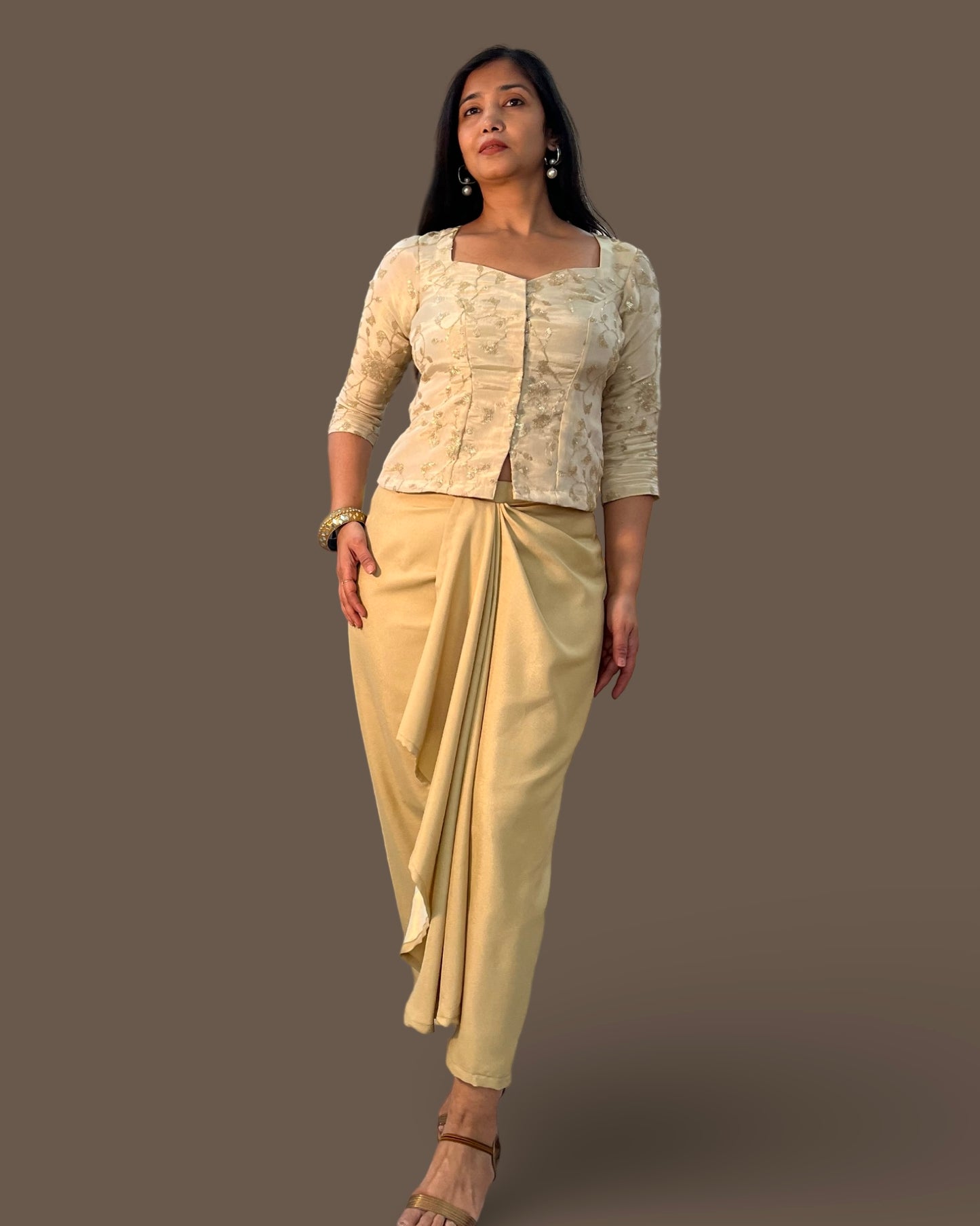 Drape skirt with elegant embroidered silk top