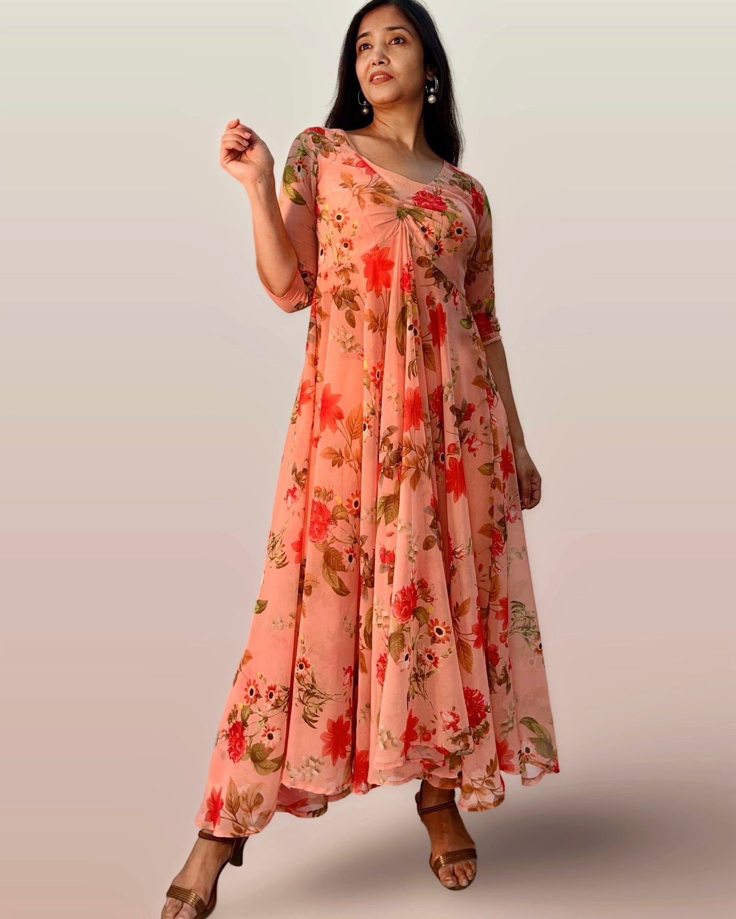 Floral full flared georgette long tunic with a cotton palazzo and inner