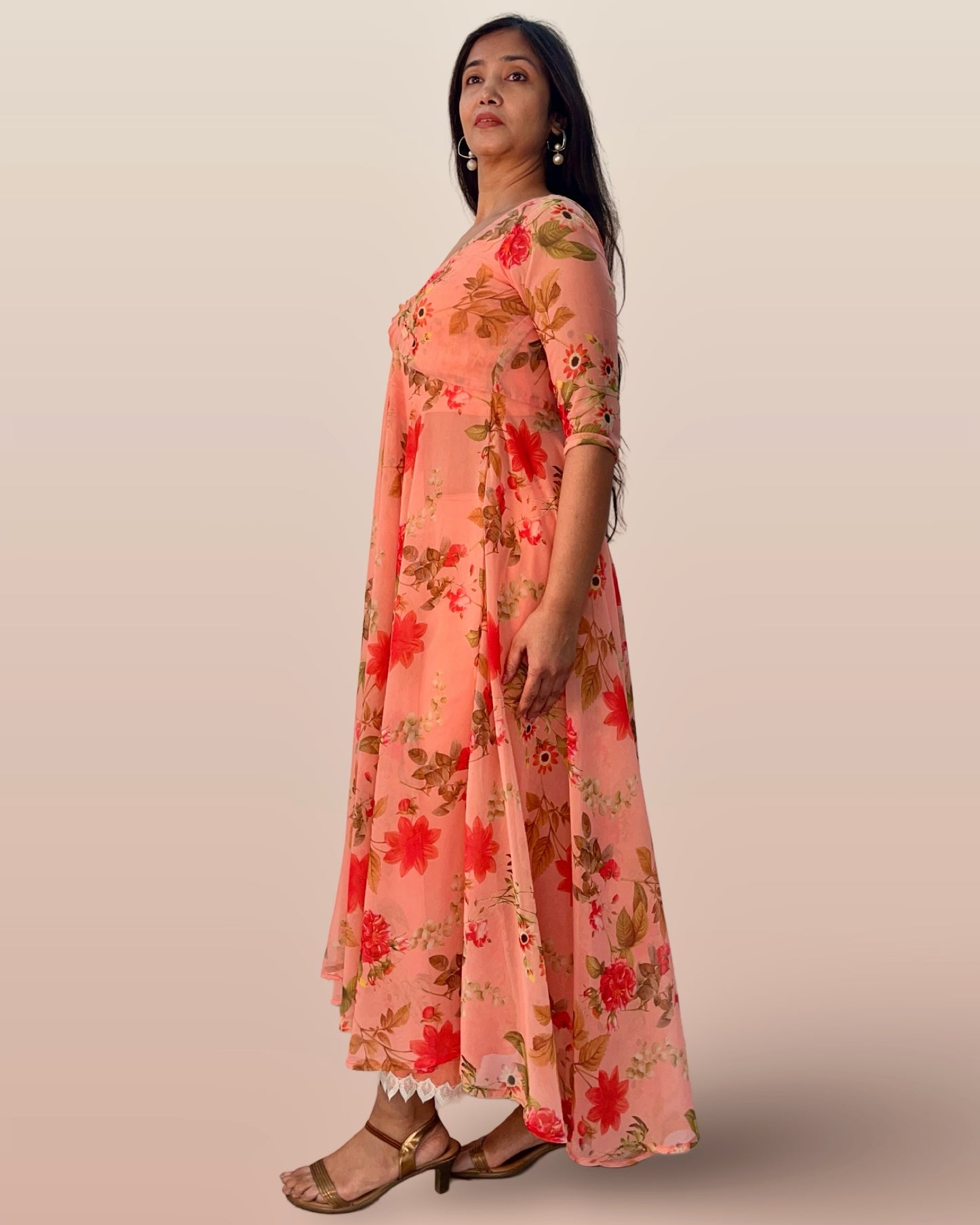 Floral full flared georgette long tunic with a cotton palazzo and inner