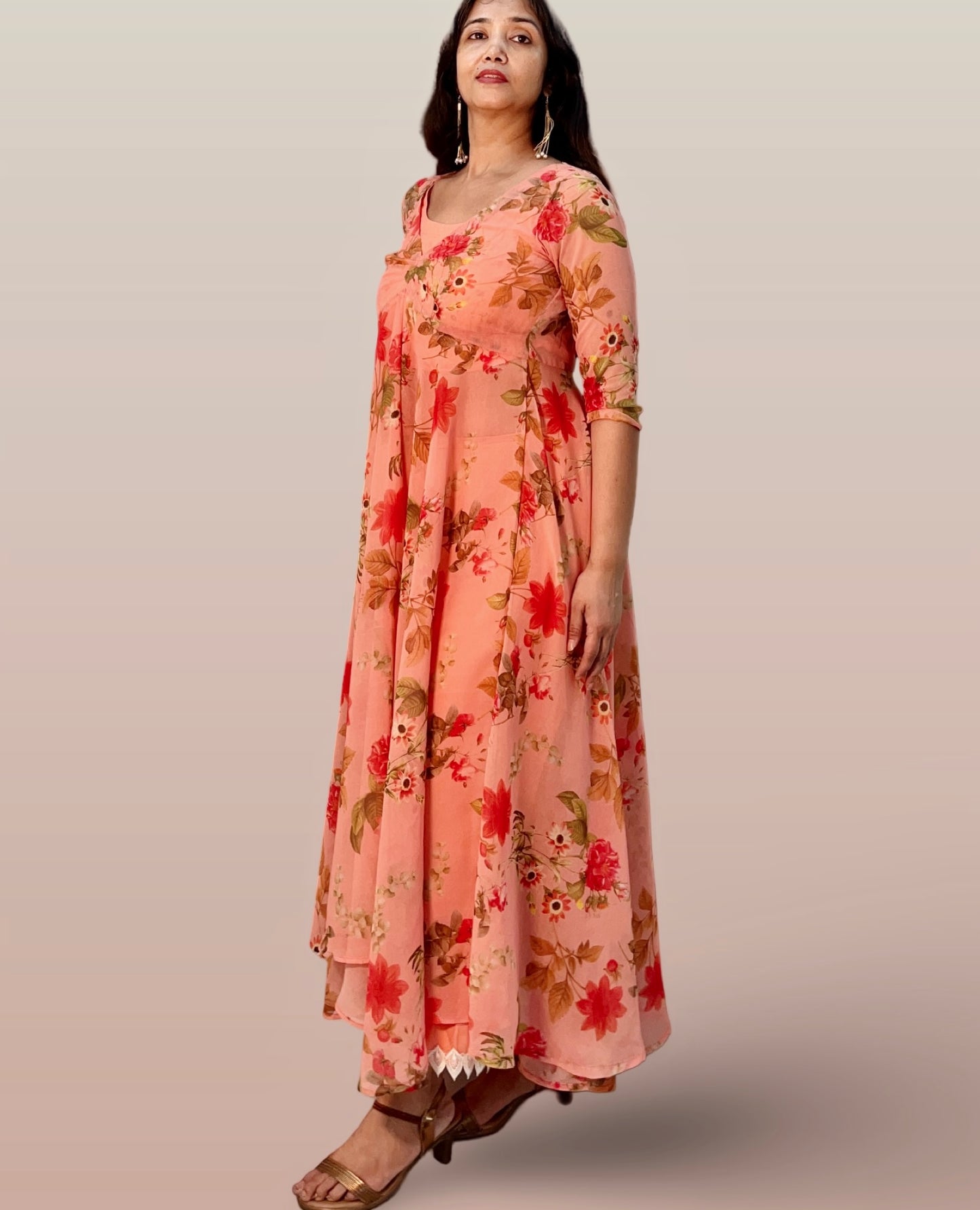 Floral full flared georgette long tunic with a cotton palazzo and inner