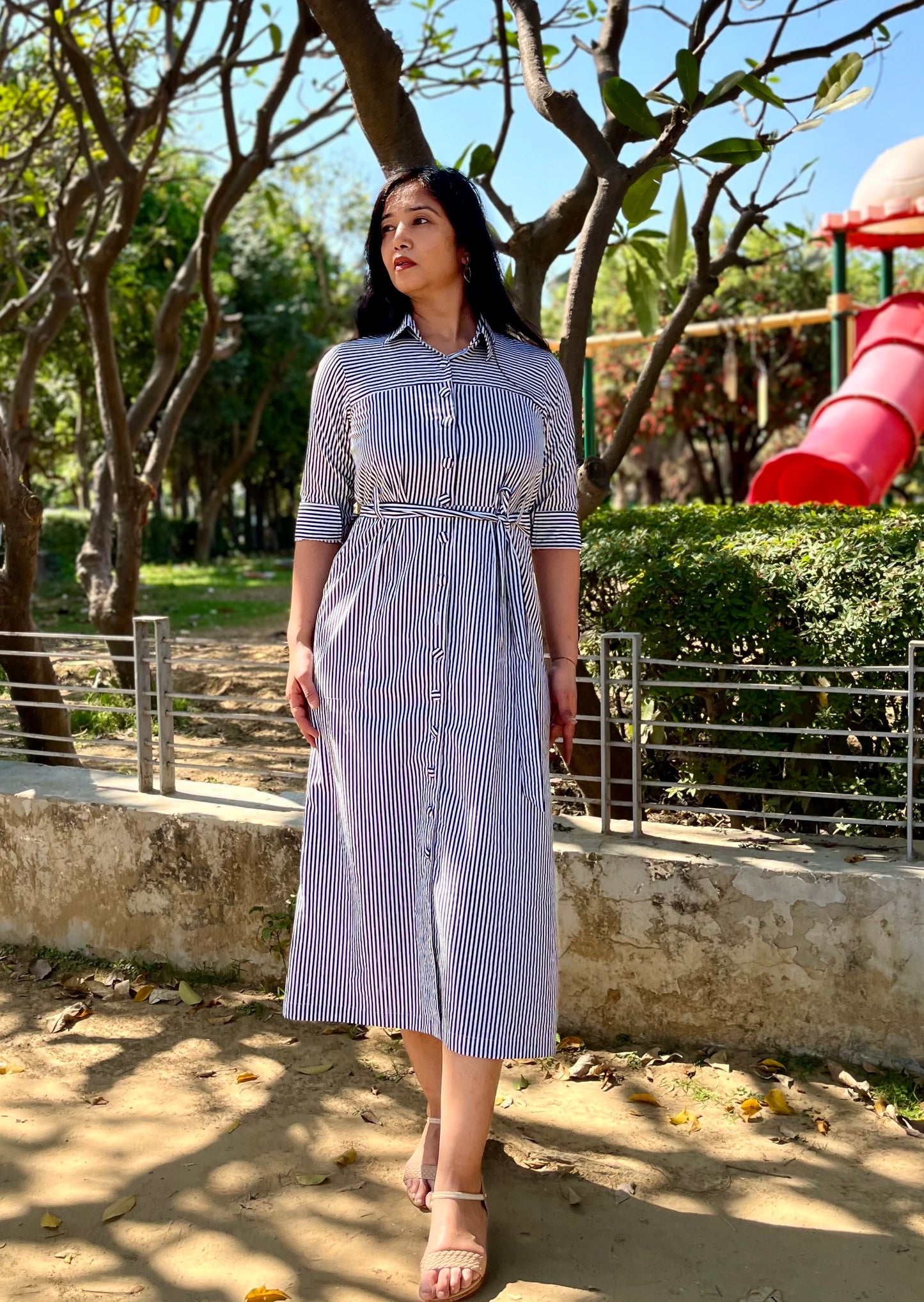 A- line Cotton summer black and white striped shirt dress