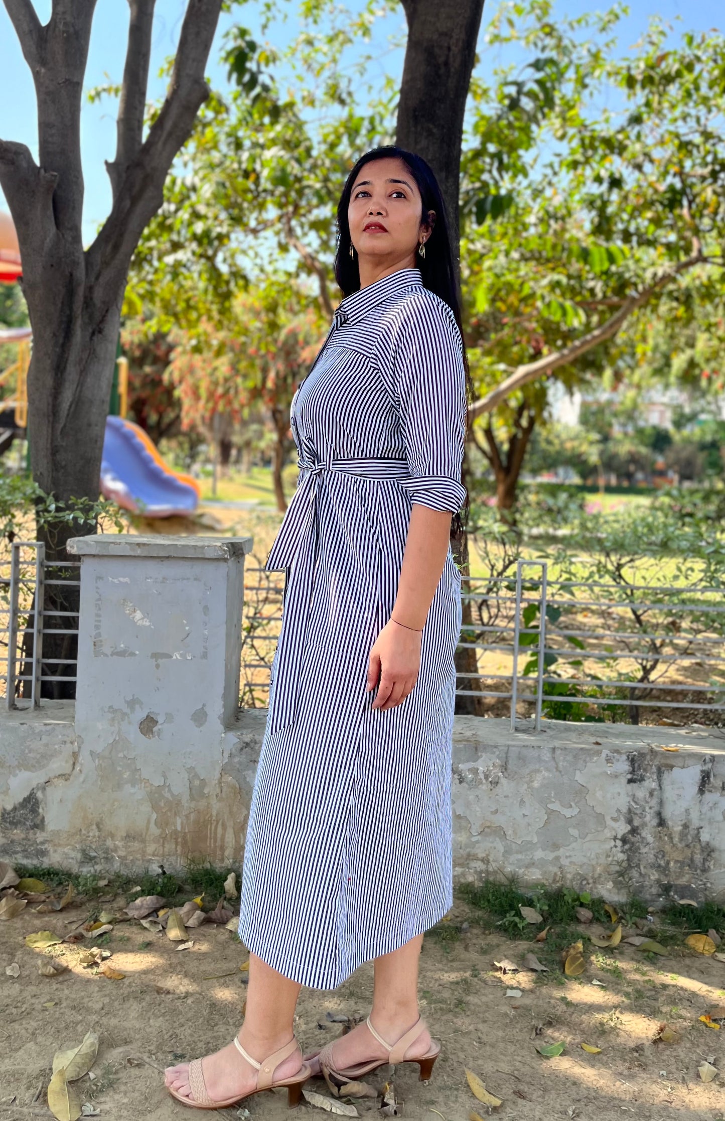 A- line Cotton summer black and white striped shirt dress