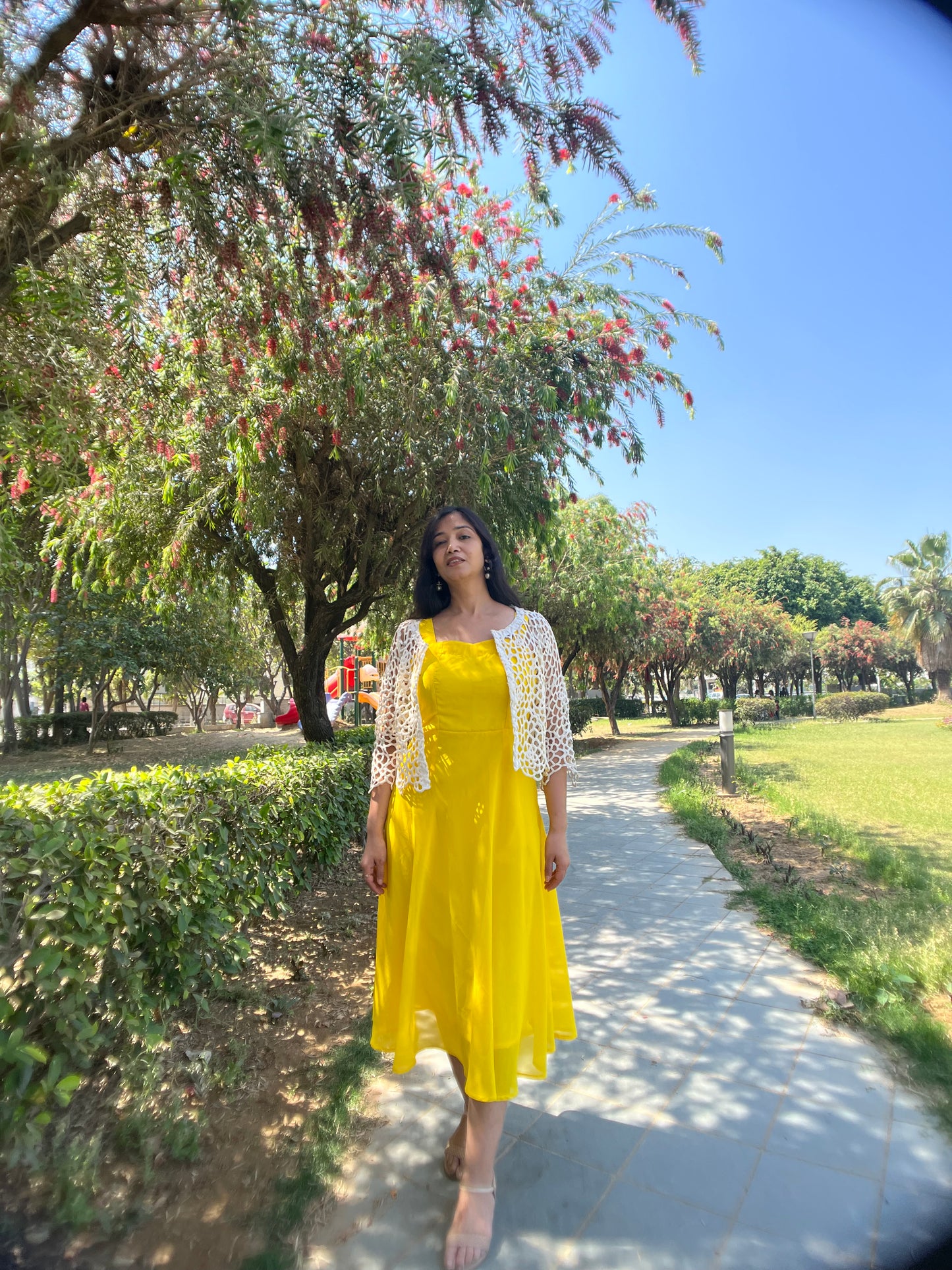 Ankle length Long sun shine yellow flared georgette dress