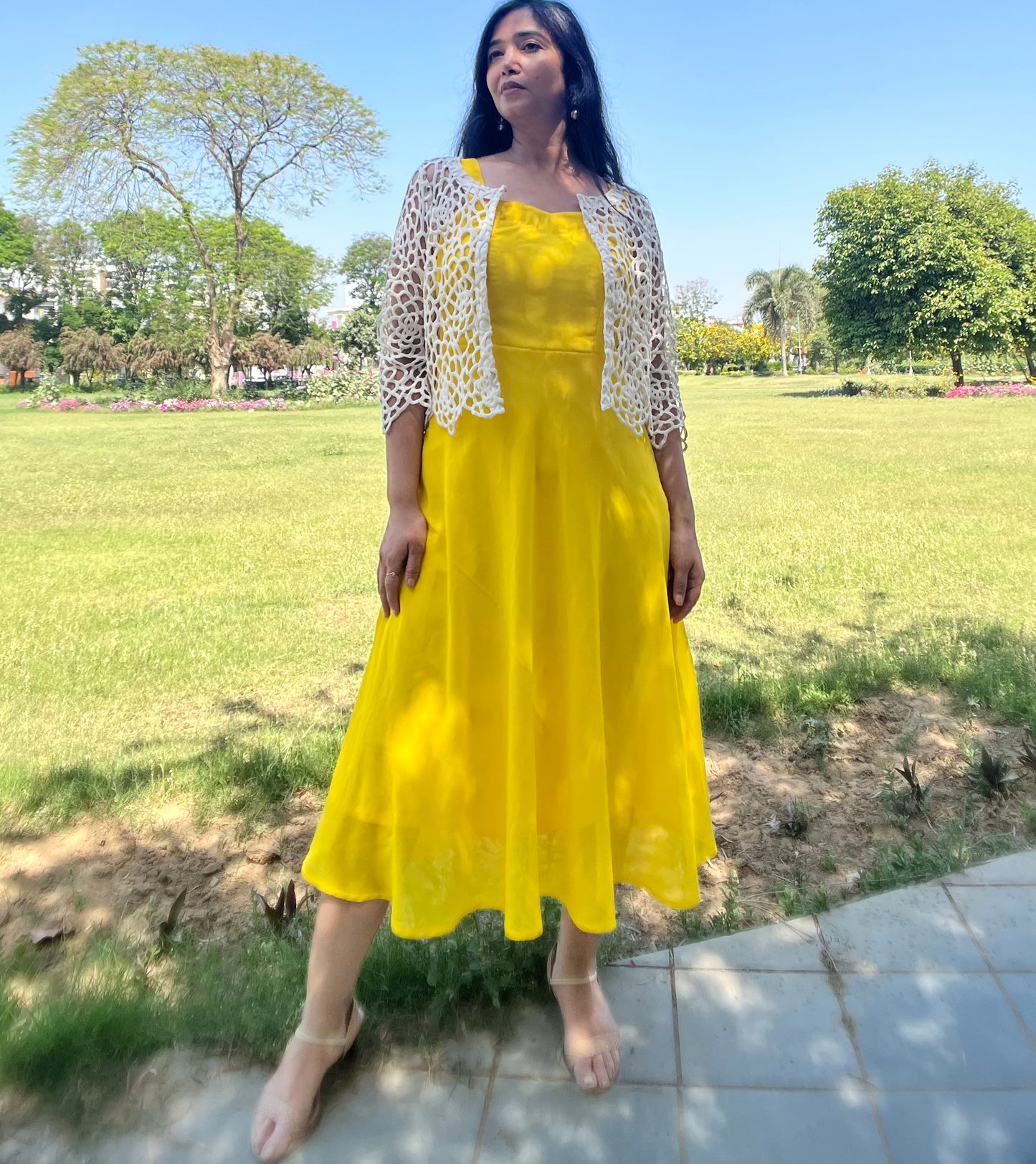 Ankle length Long sun shine yellow flared georgette dress
