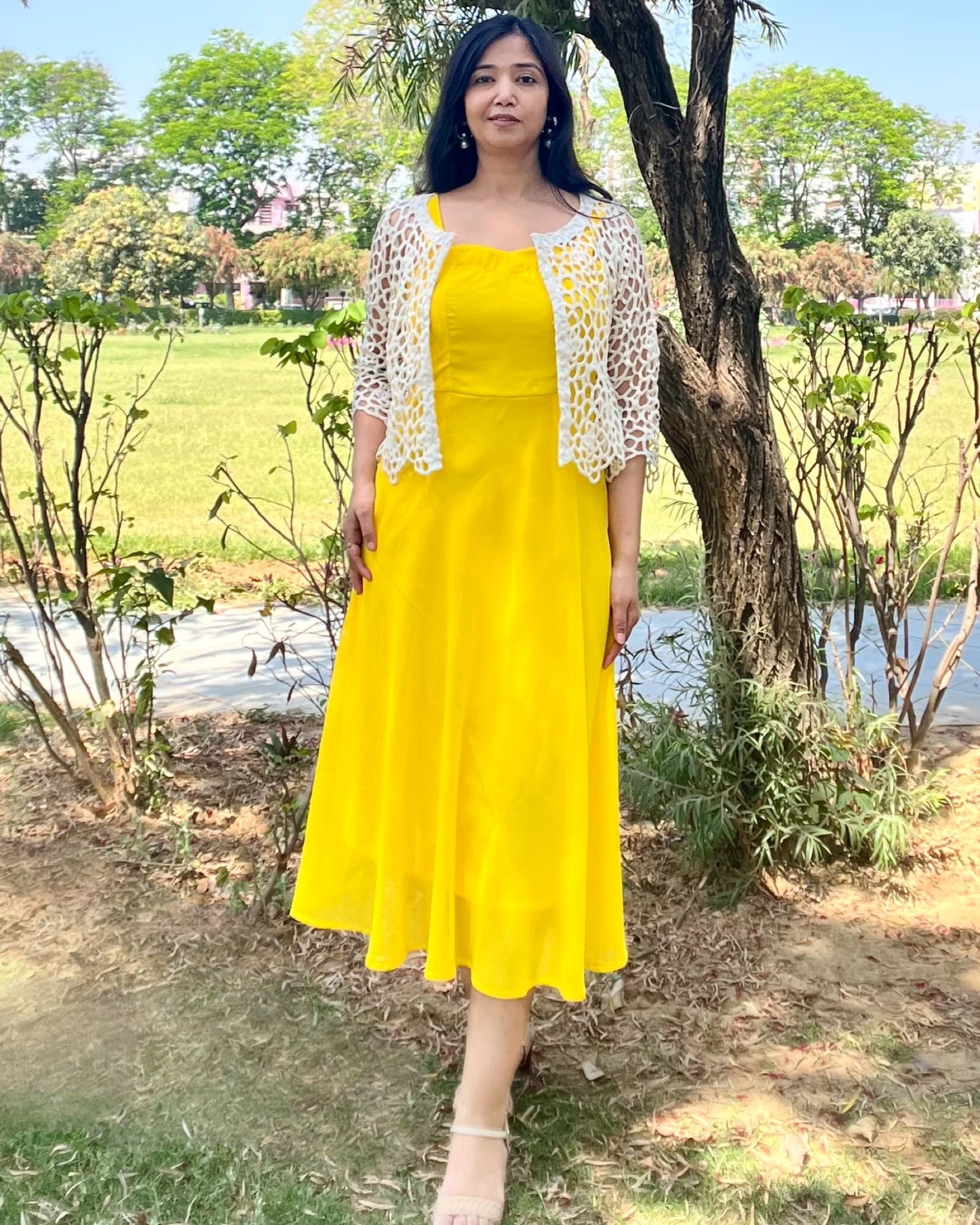 Ankle length Long sun shine yellow flared georgette dress