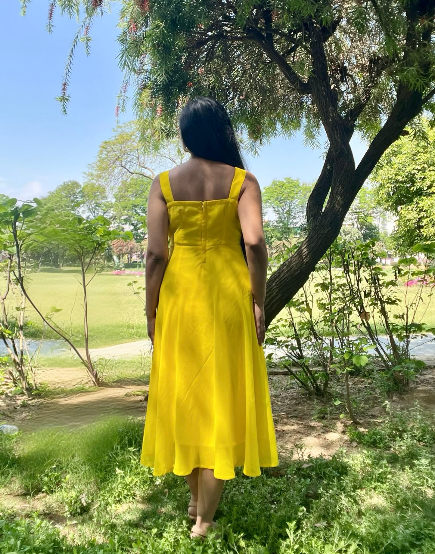 Ankle length Long sun shine yellow flared georgette dress