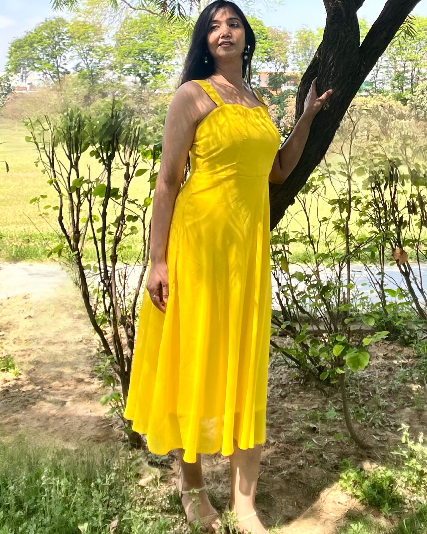 Ankle length Long sun shine yellow flared georgette dress