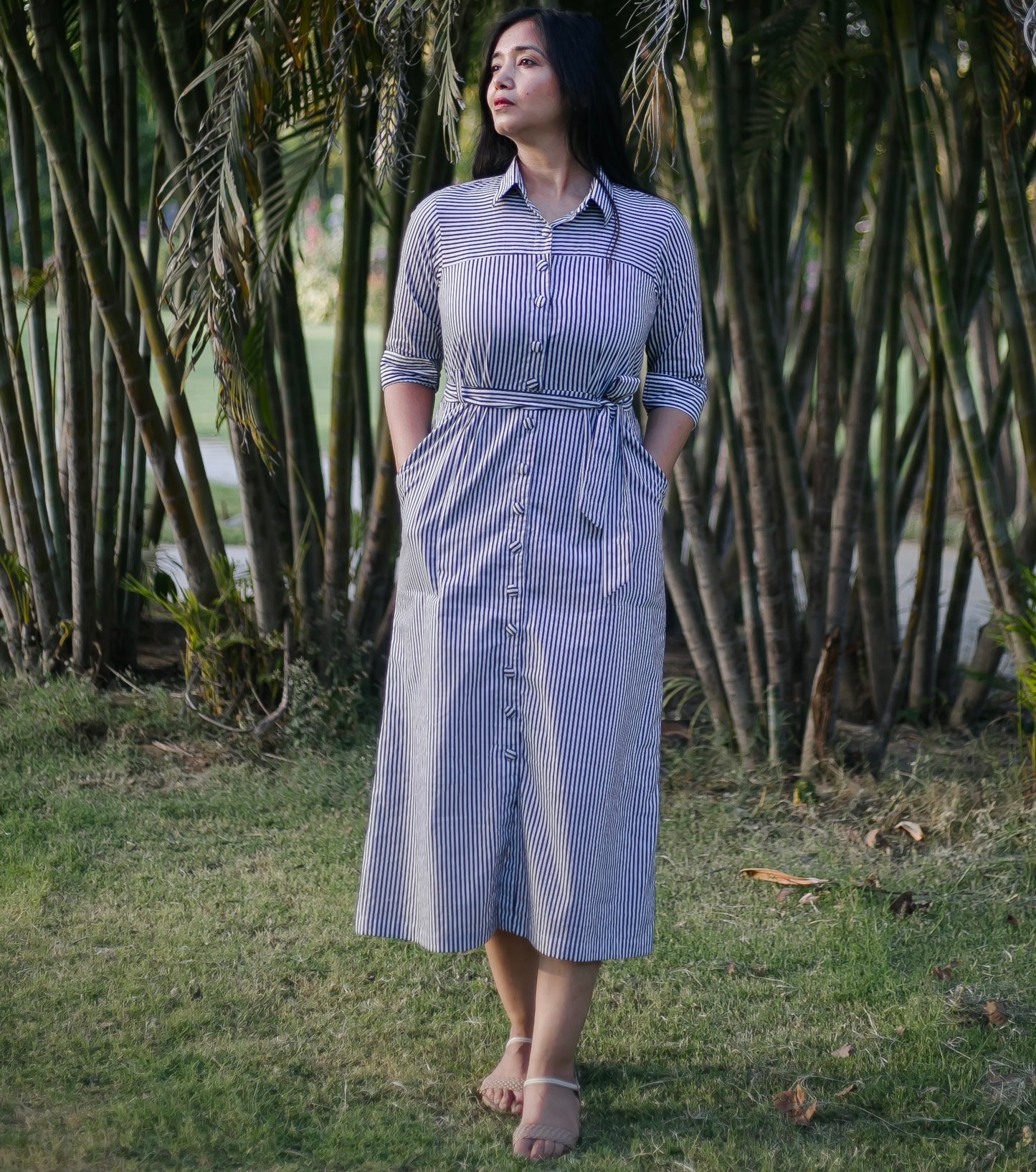 A- line Cotton summer black and white striped shirt dress