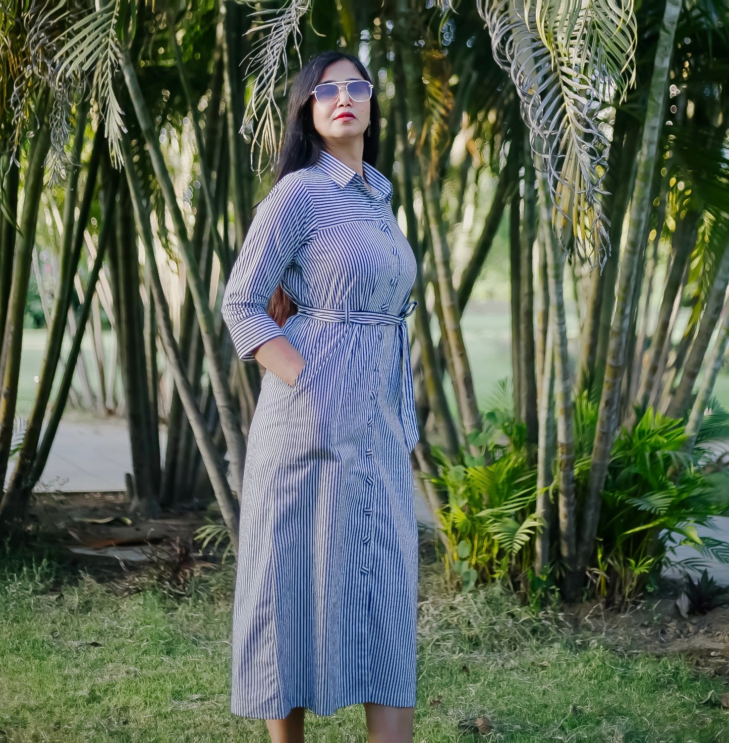A- line Cotton summer black and white striped shirt dress