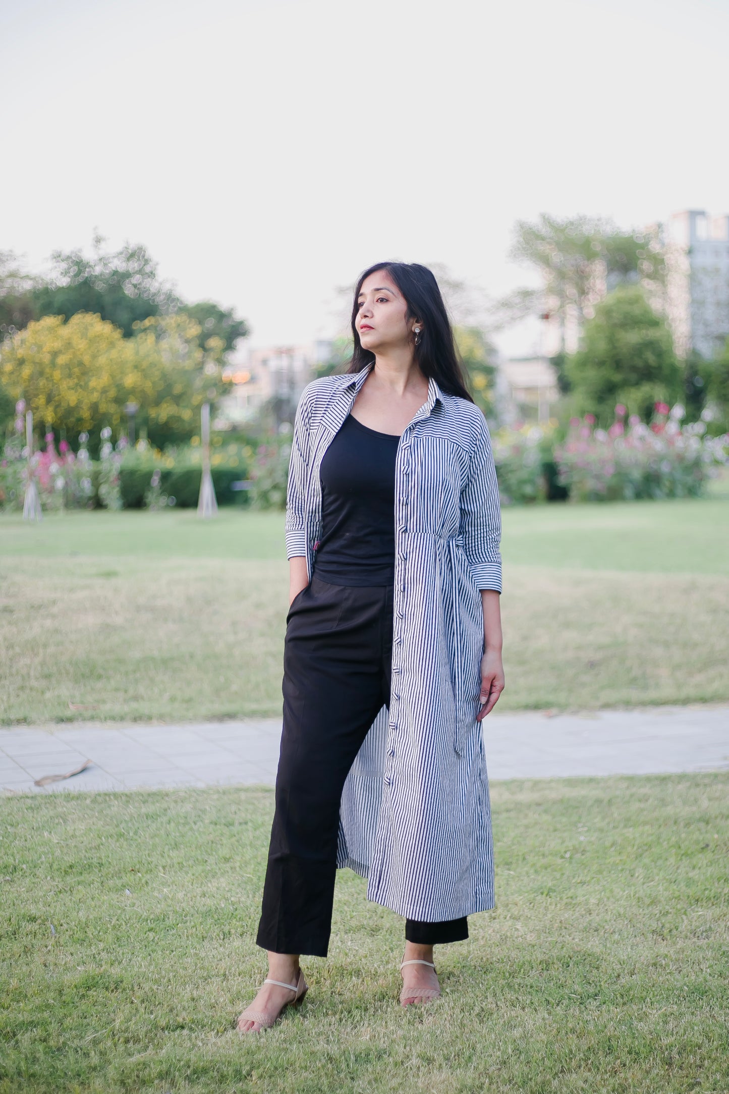 A- line Cotton summer black and white striped shirt dress