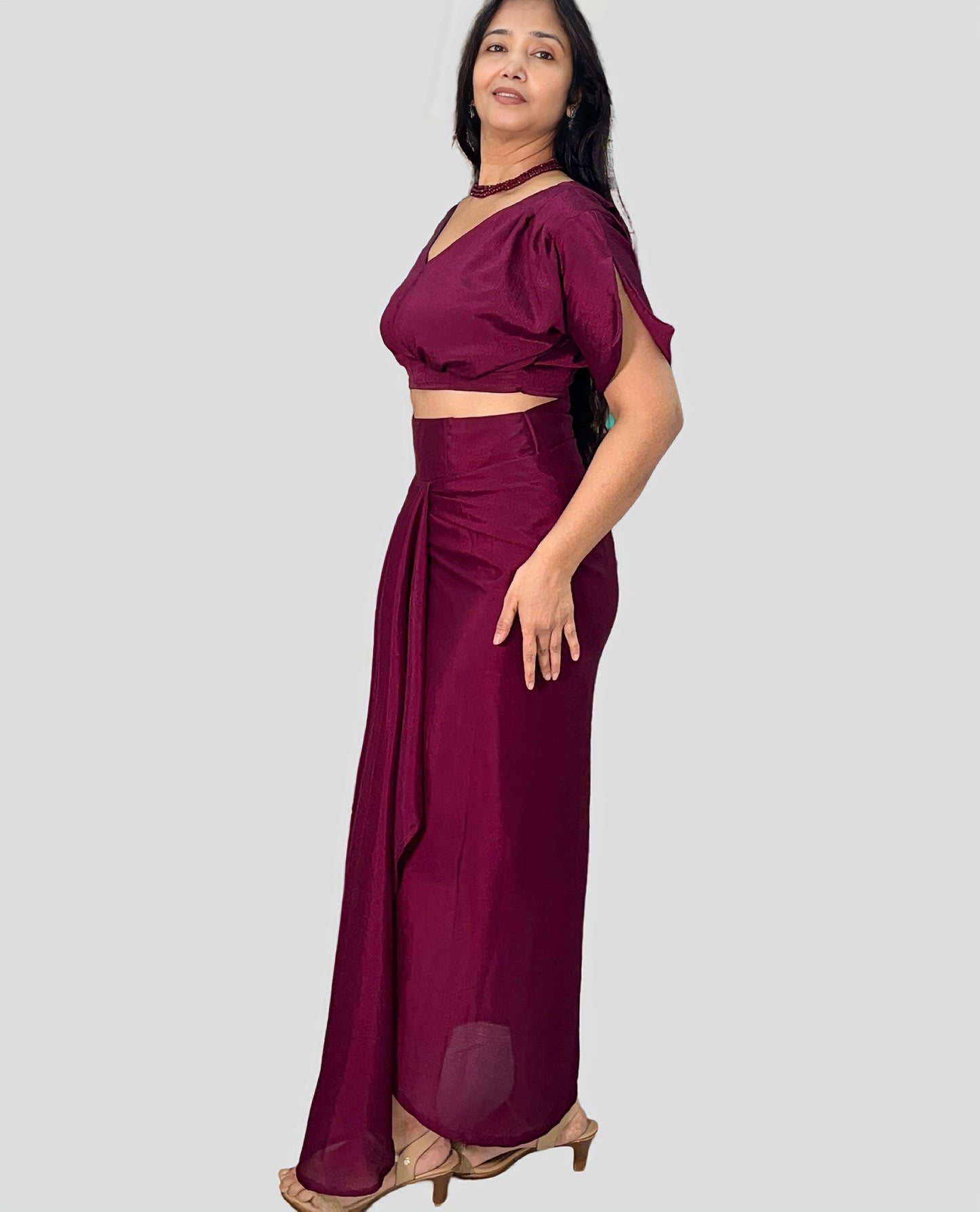 Wine Colour Draped skirt with kaftan crop top