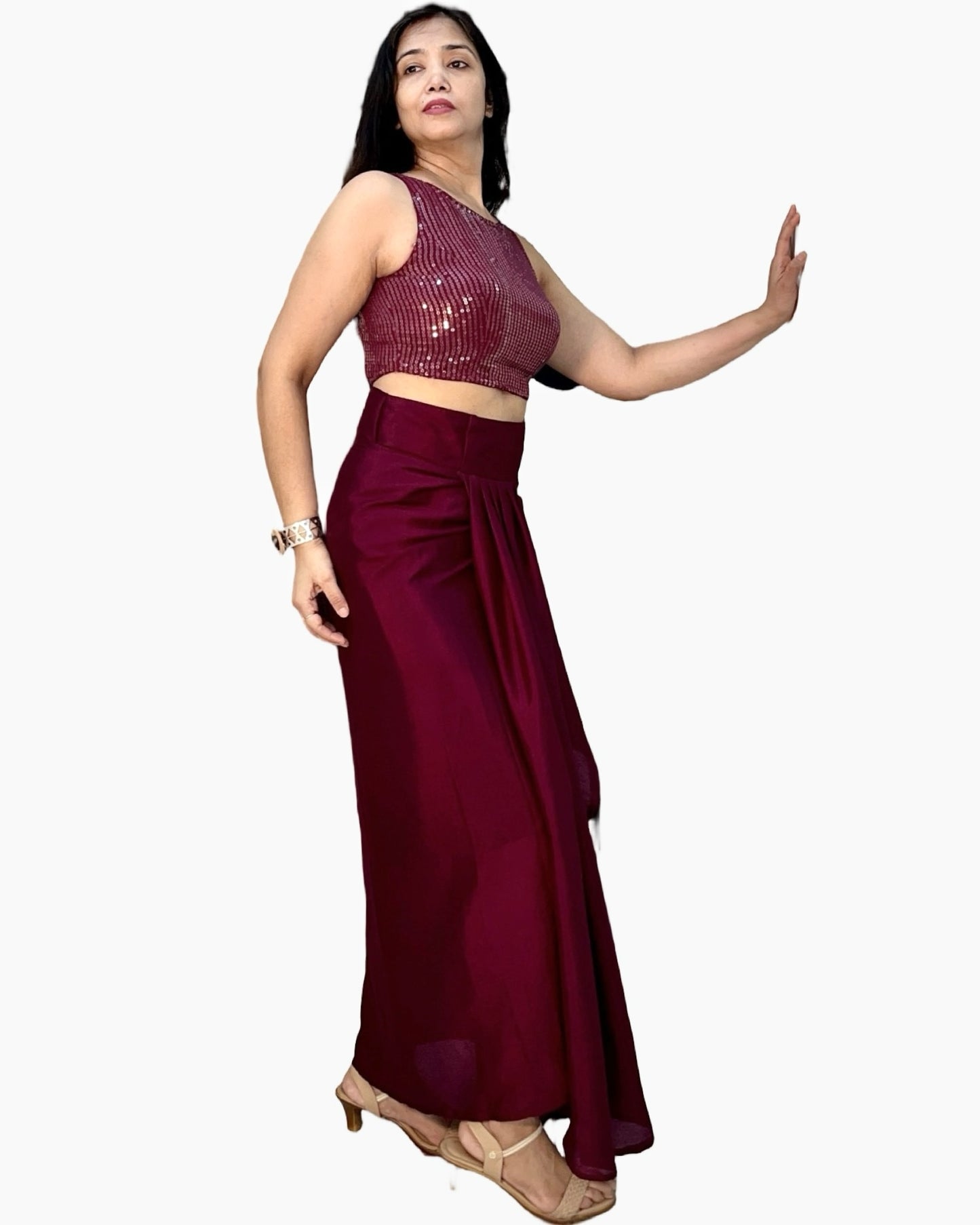 Wine colour drape skirt in crepe fabric with sequins blouse