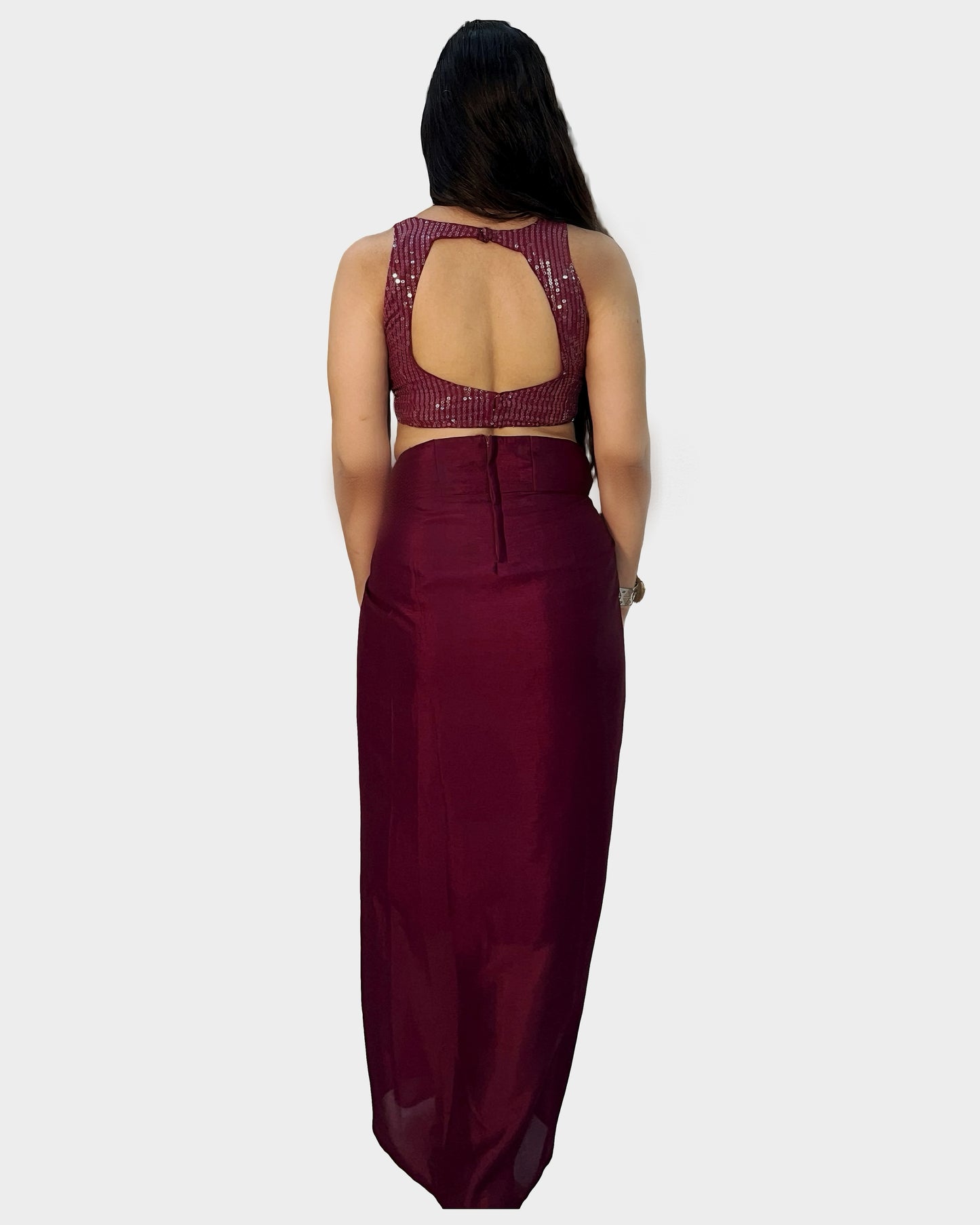 Wine colour drape skirt in crepe fabric with sequins blouse
