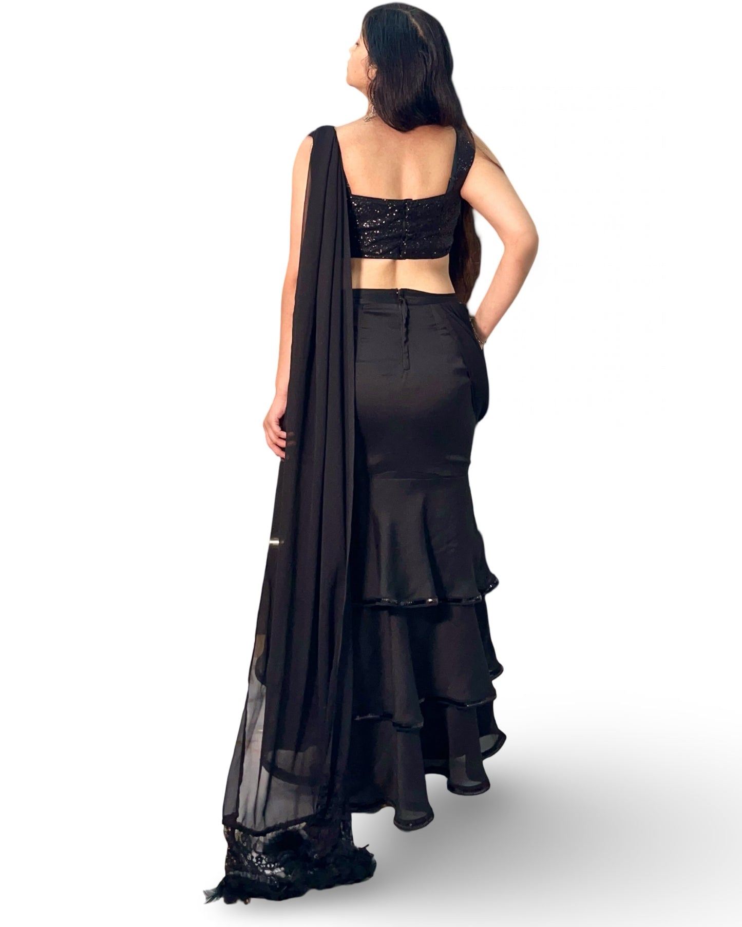 Black Ruffled Saree ensemble with sequins blouse