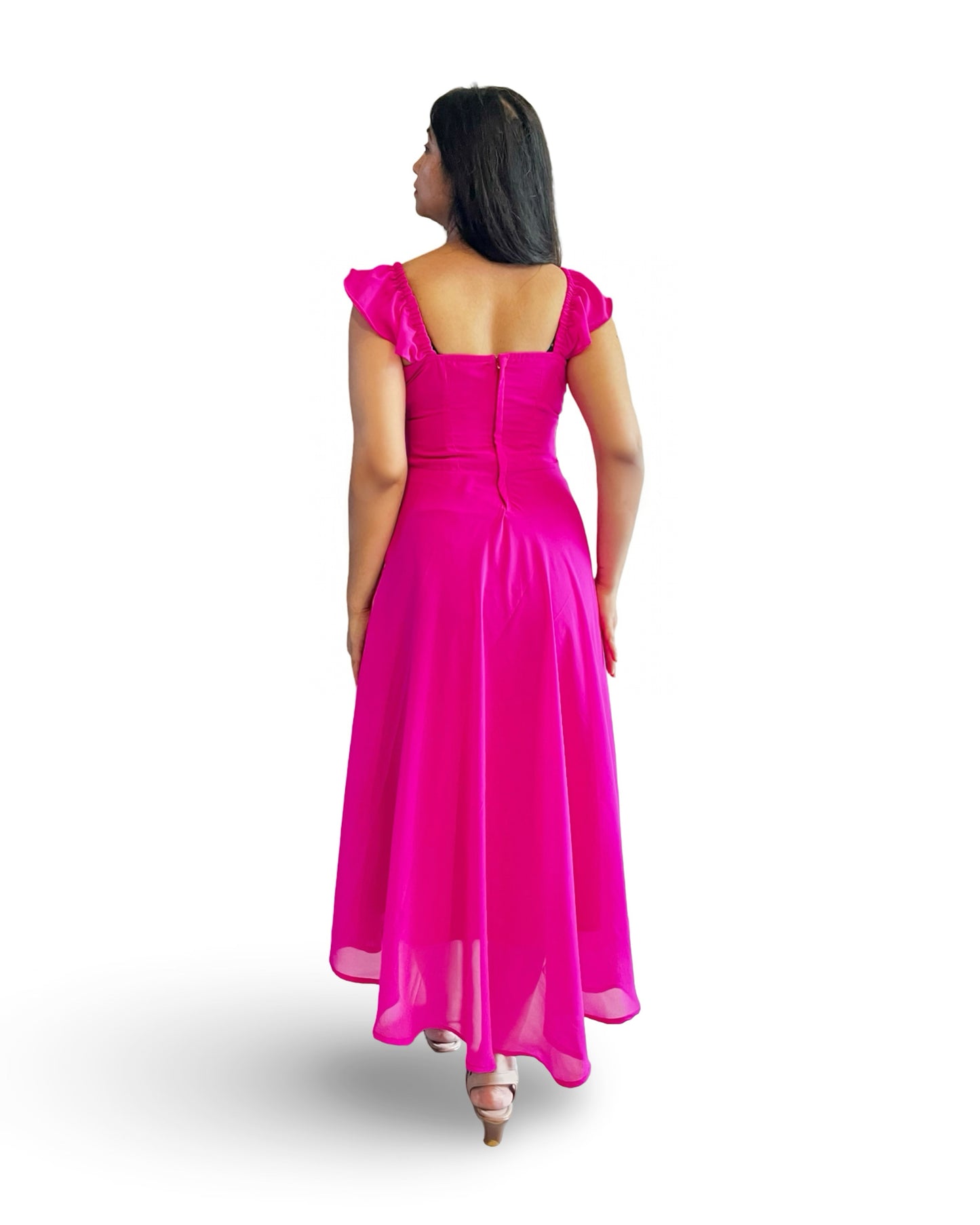 Fuchsia pink high n low long flared georgette dress