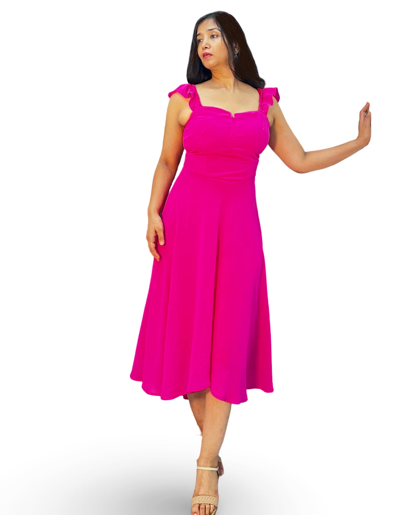 Fuchsia pink high n low long flared georgette dress