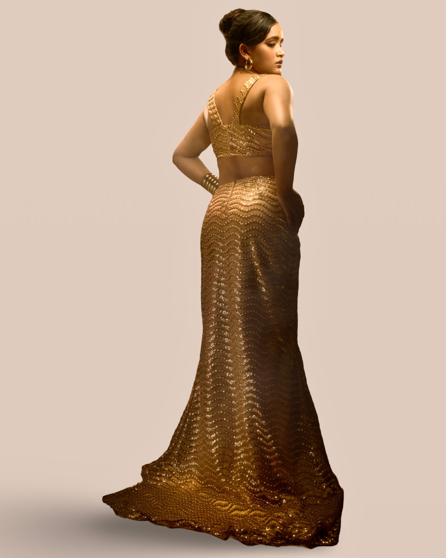 Golden embroidered and sequins embellished party wear evening gown