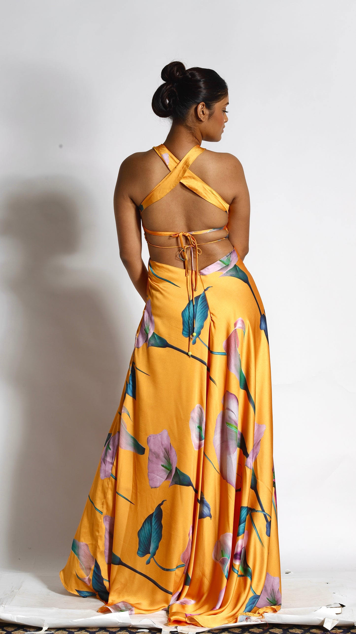 Made to Order Floral Halter neck backlesss Flared Satin Crepe Yellow Evening Gown