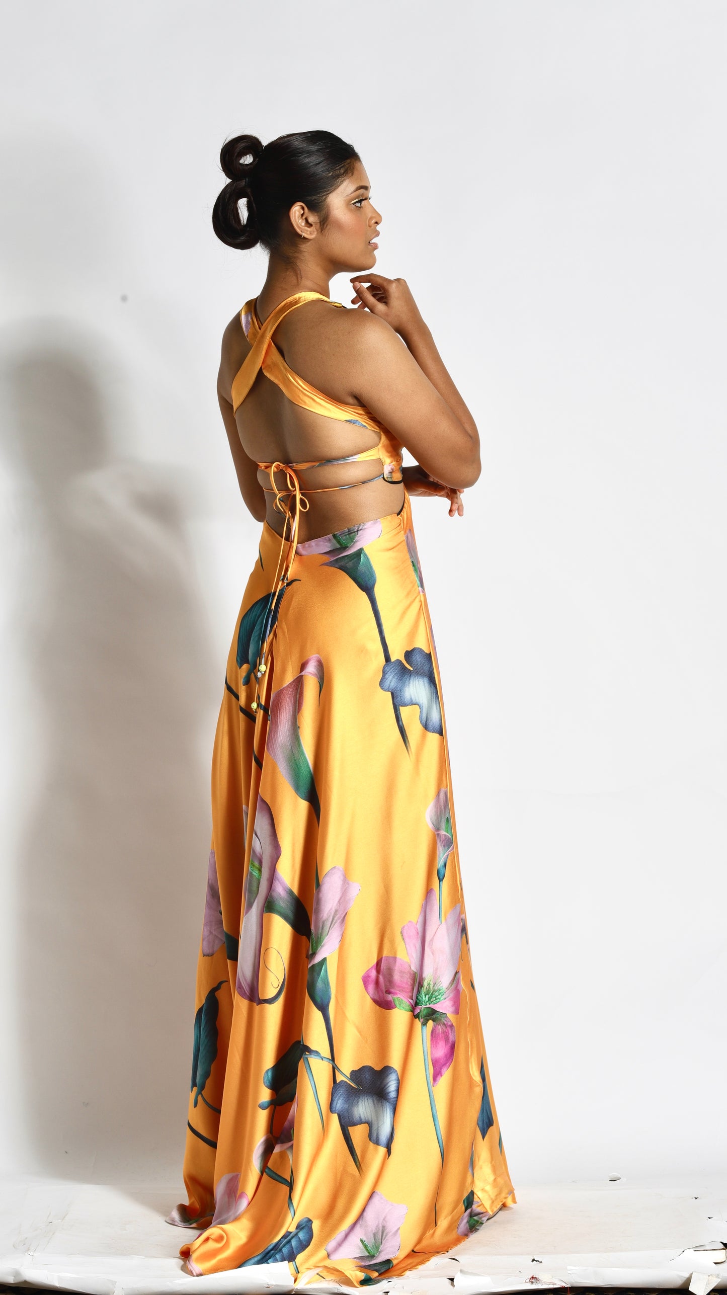 Made to Order Floral Halter neck backlesss Flared Satin Crepe Yellow Evening Gown