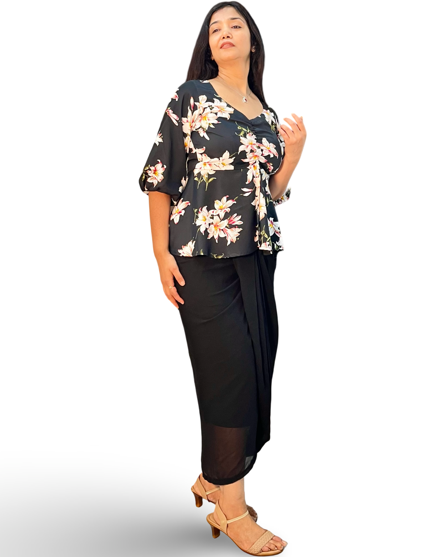 Draped black dhoti skirt with printed wrap tunic top