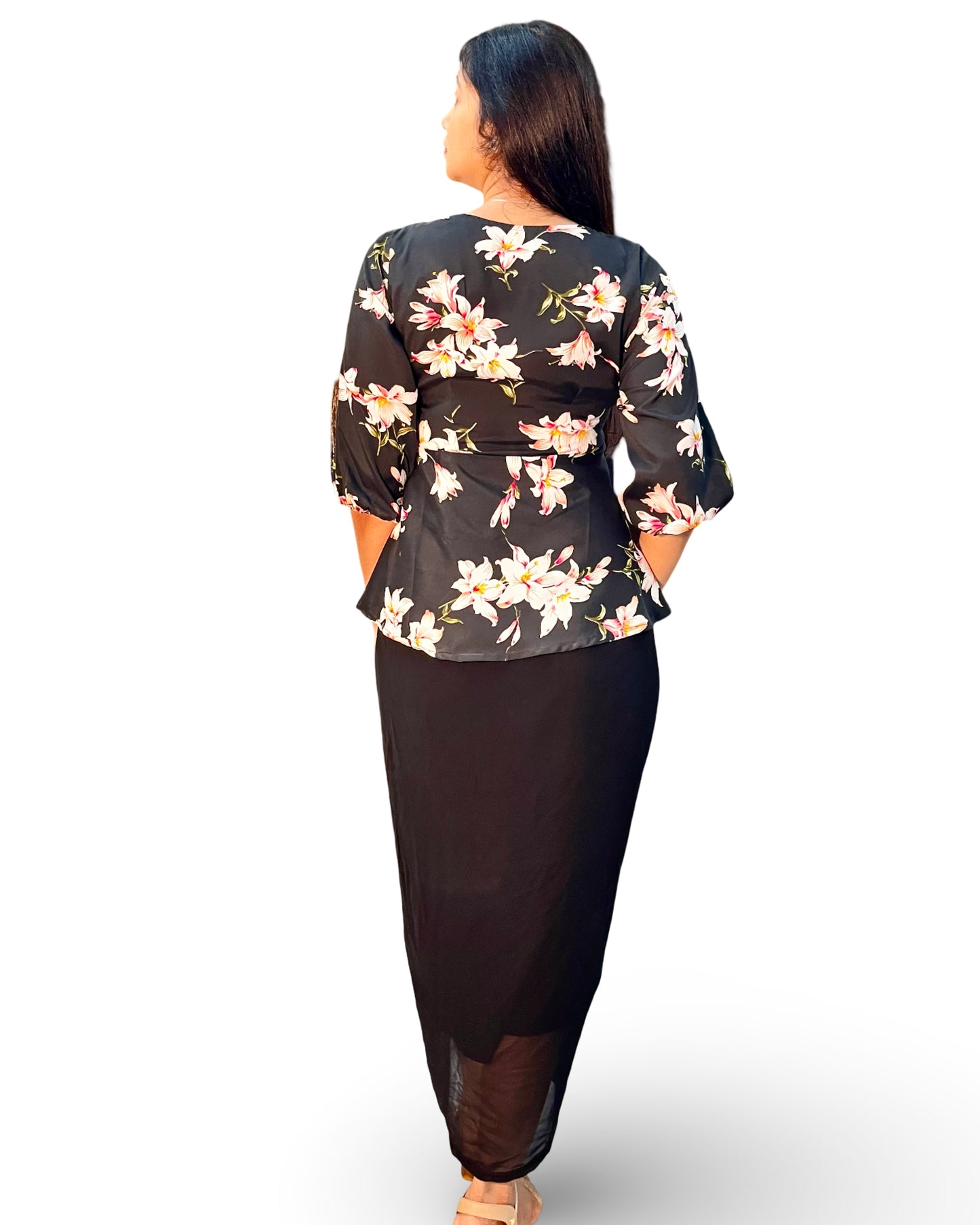 Draped black dhoti skirt with printed wrap tunic top