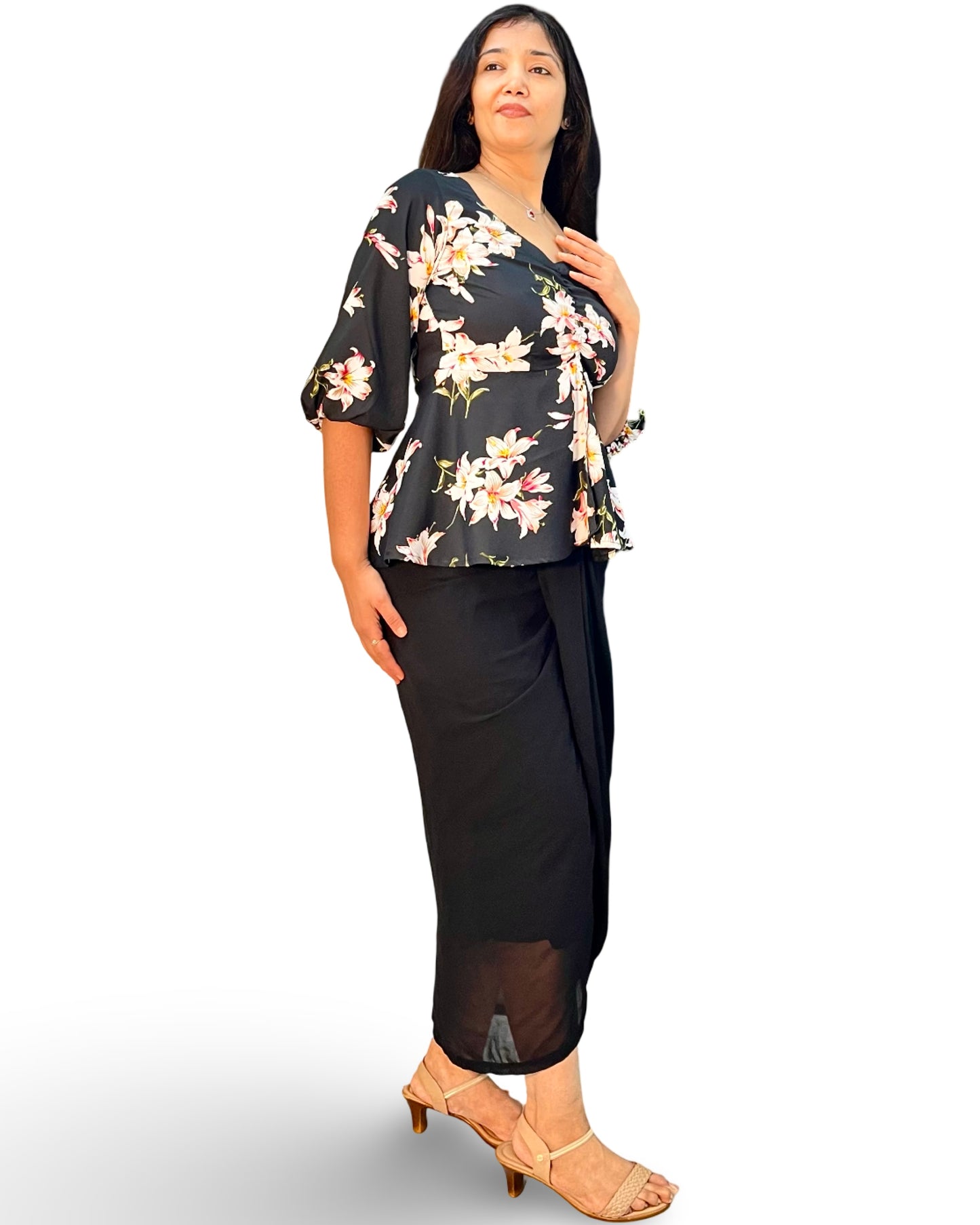 Draped black dhoti skirt with printed wrap tunic top