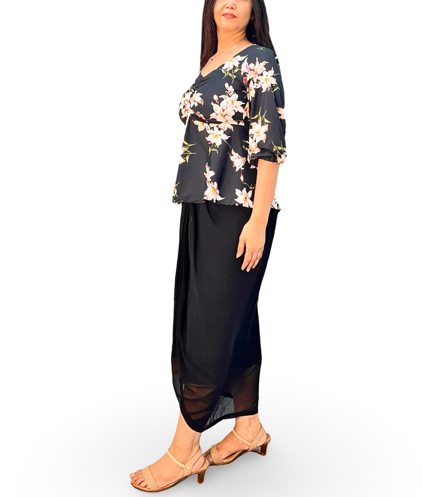 Draped black dhoti skirt with printed wrap tunic top