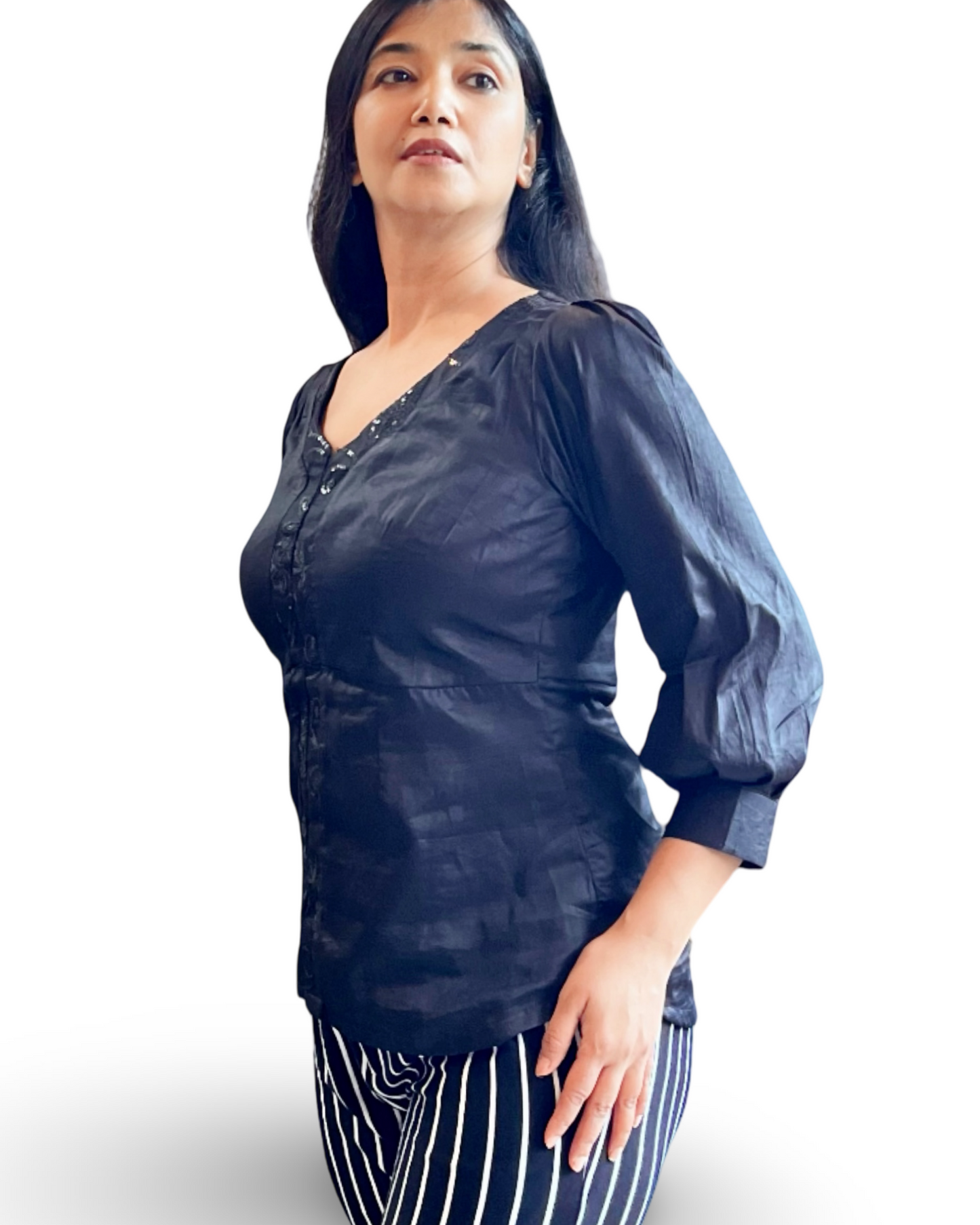 Medium Length Glace cotton Black top with embroidered placket and buttoned cuff