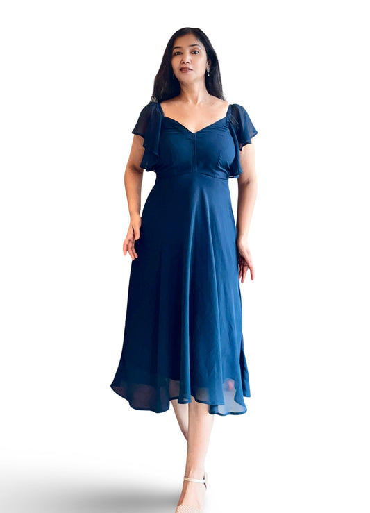 Flared long georgette dress with ruffled sleeves in teal blue colour