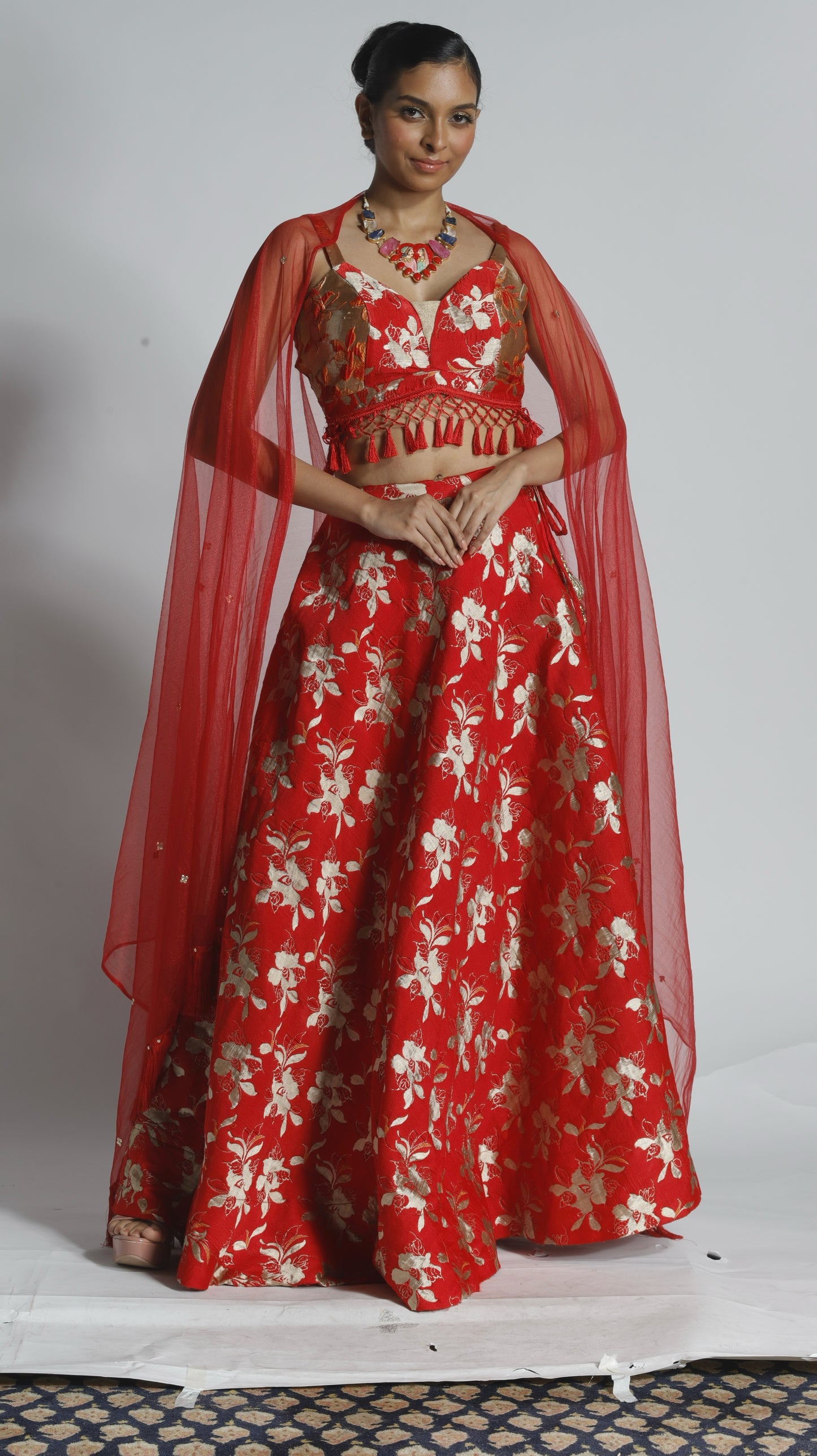 Brocade lehnga choli with long net sequins work dupatta, made to order ensemble