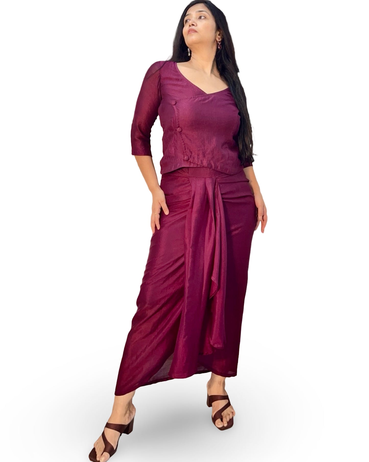 Drape skirt with wrap top in crepe fabric